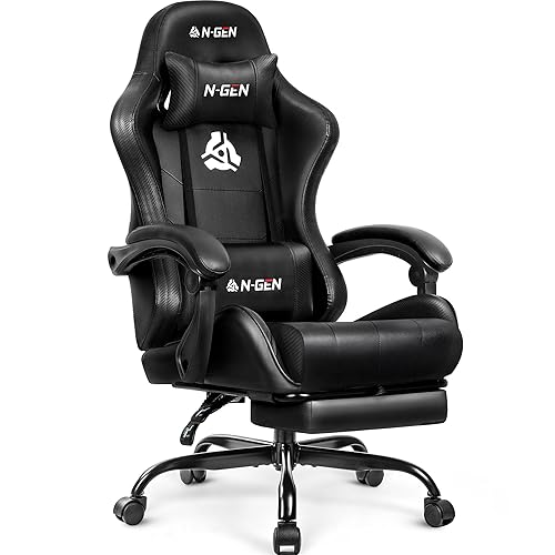 N-GEN GAMING Video Gaming Chair with Footrest Lumbar Support for Home Office High Back Recliner Height Adjustable Ergonomic Comfy Leather Computer Desk Chair (Black)