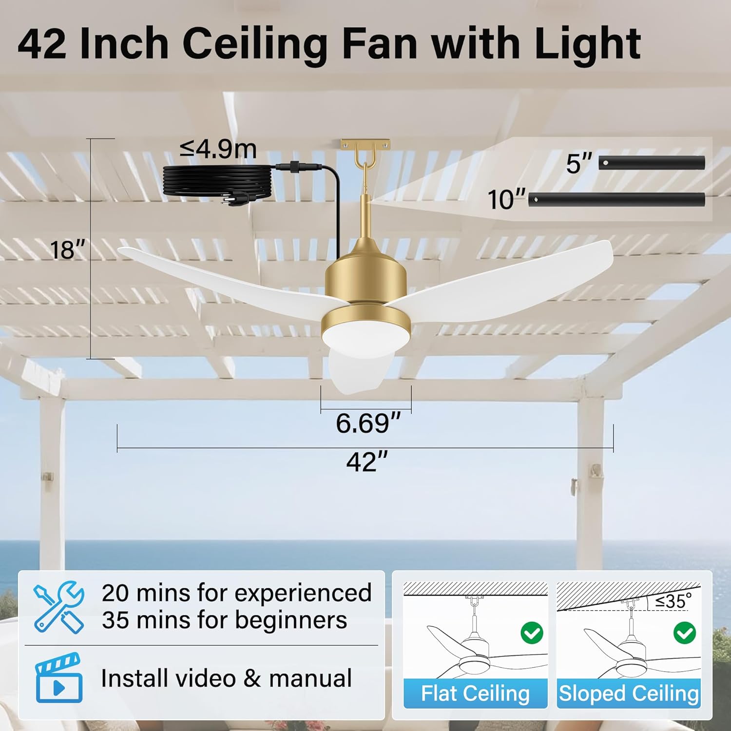 42" Outdoor Waterproof Ceiling Fans with Lights Remote APP Control,IP65 Wet Rated,Plug in Modern Hanging Ceiling Fan for Outside Porch Patios Gazobo,Quiet DC Motor,Reverse,Glod and White,6 Speed