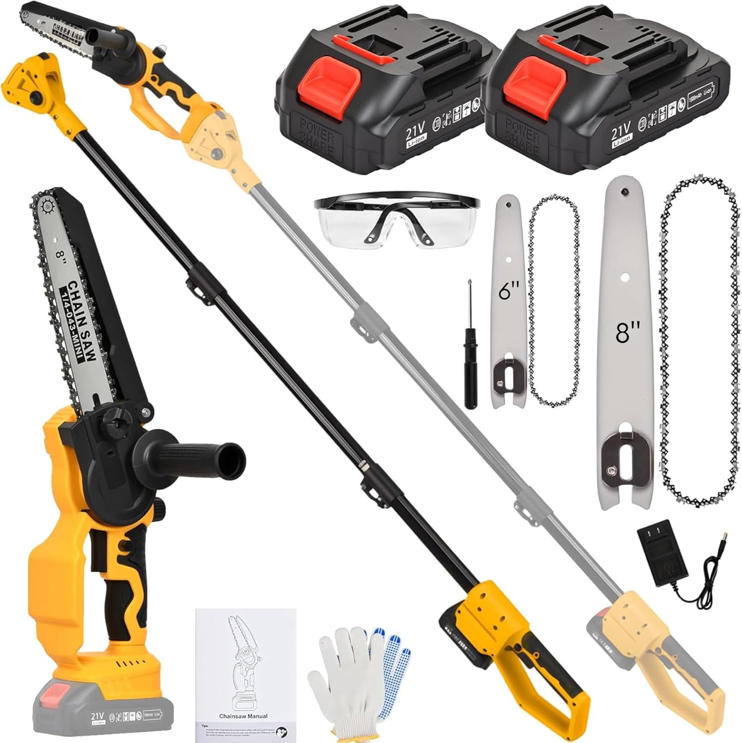 2-in-1 Electric Pole Saw for Tree Trimming, 6″& 8″Cordless Mini Chainsaw with Extension Pole, Battery Powered Hand Held Saw with Brushless Motor & 2 x 21V Batteries for Garden Wood Cutting