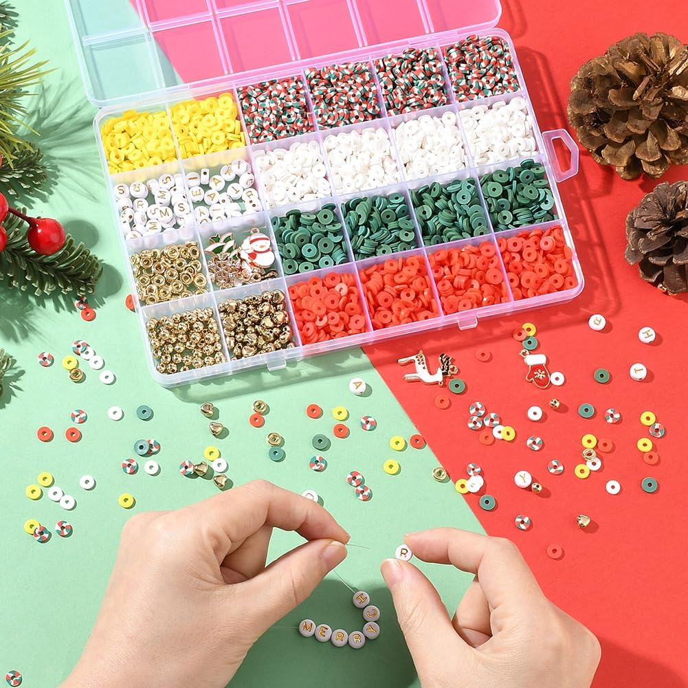 1 Box 2800Pcs+ Christmas Clay Beads Bracelet Making Kit Heishi Beads Holiday Red Green Plastic Letter Word Gold Round Friendship Polymer Spacers Set for Jewelry Making Necklace Adults