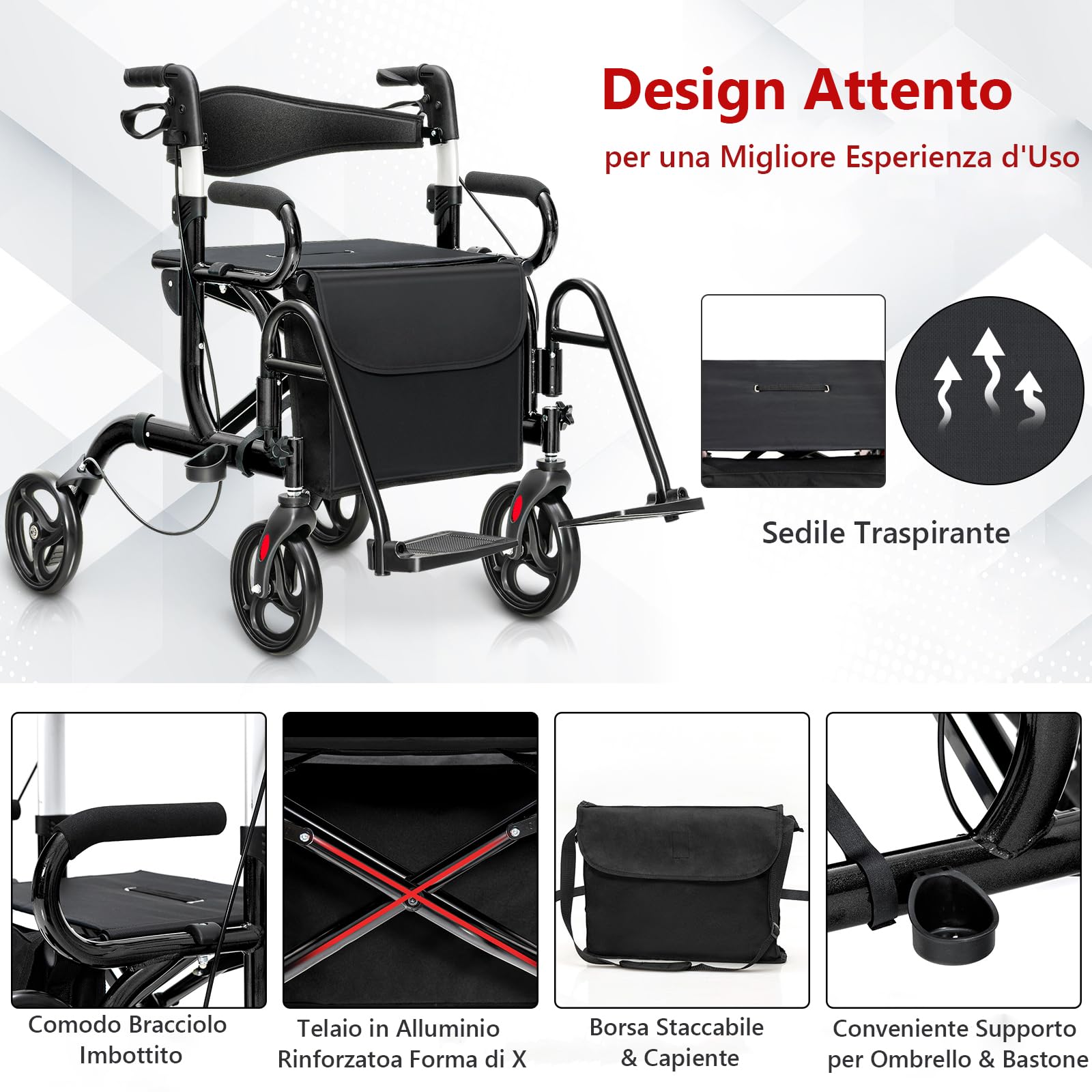 GYMAX Deambulatore 2-in-1 con Sella, Passeggio per Anziani Pieghevole con Altezza Regolabile, Borsa di Stoccaggio Rimovibile, Sedia a Rotelle in Alluminio Leggera, Nero