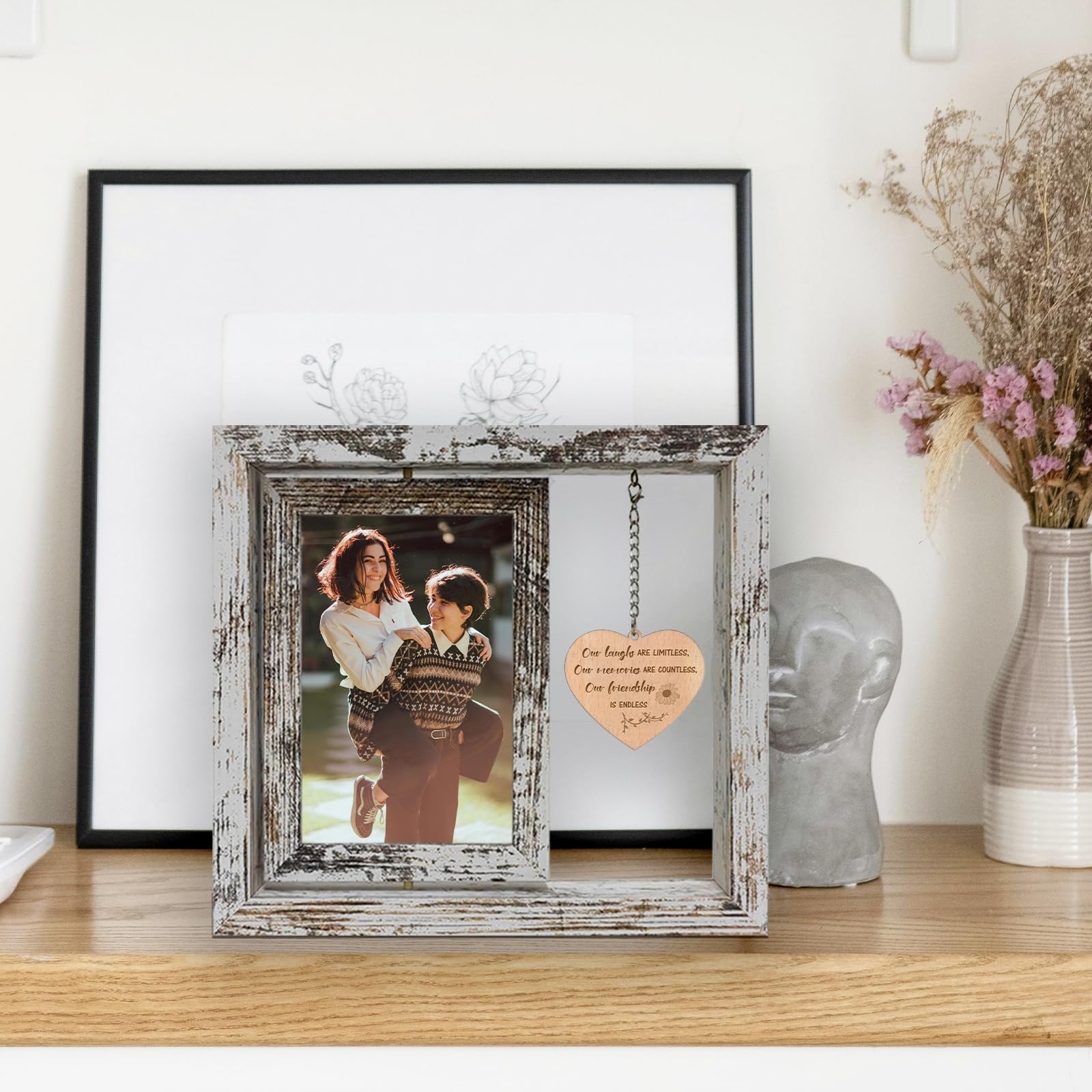 Best Friend Friendship Photo Frame Gifts for Women, Wooden Rotating Photo Frame Holds Two 4x6 Photos - Image 3