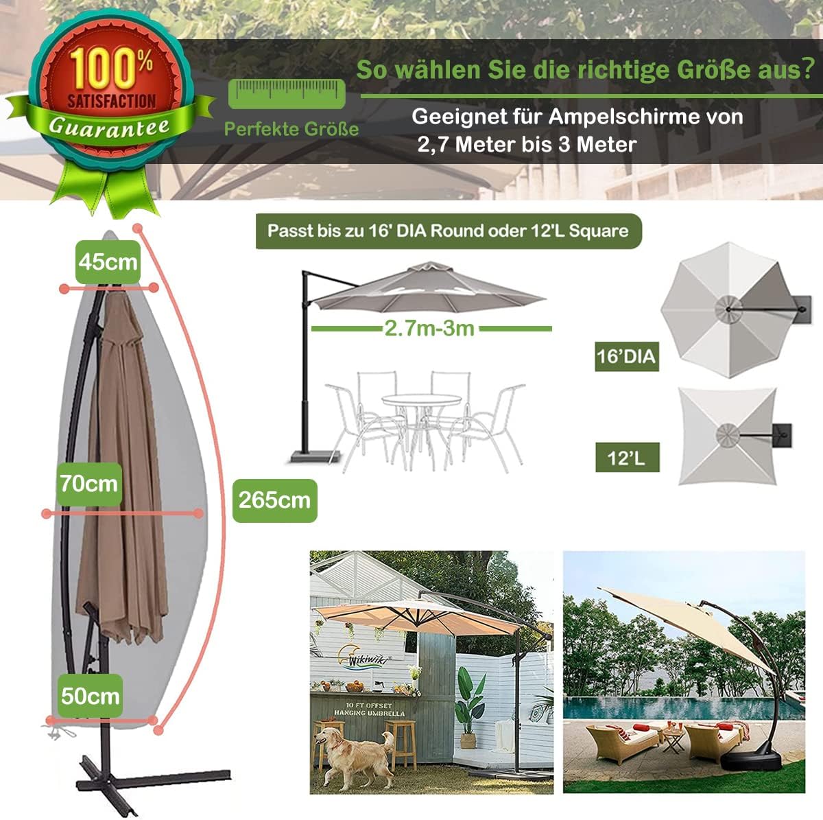 Raword Patio Umbrella Cover for 9ft to 11ft,Waterproof Offset Parasol Cantilever Umbrella Cover with Zipper Used for Outdoor,Garden,Hanging(Black)