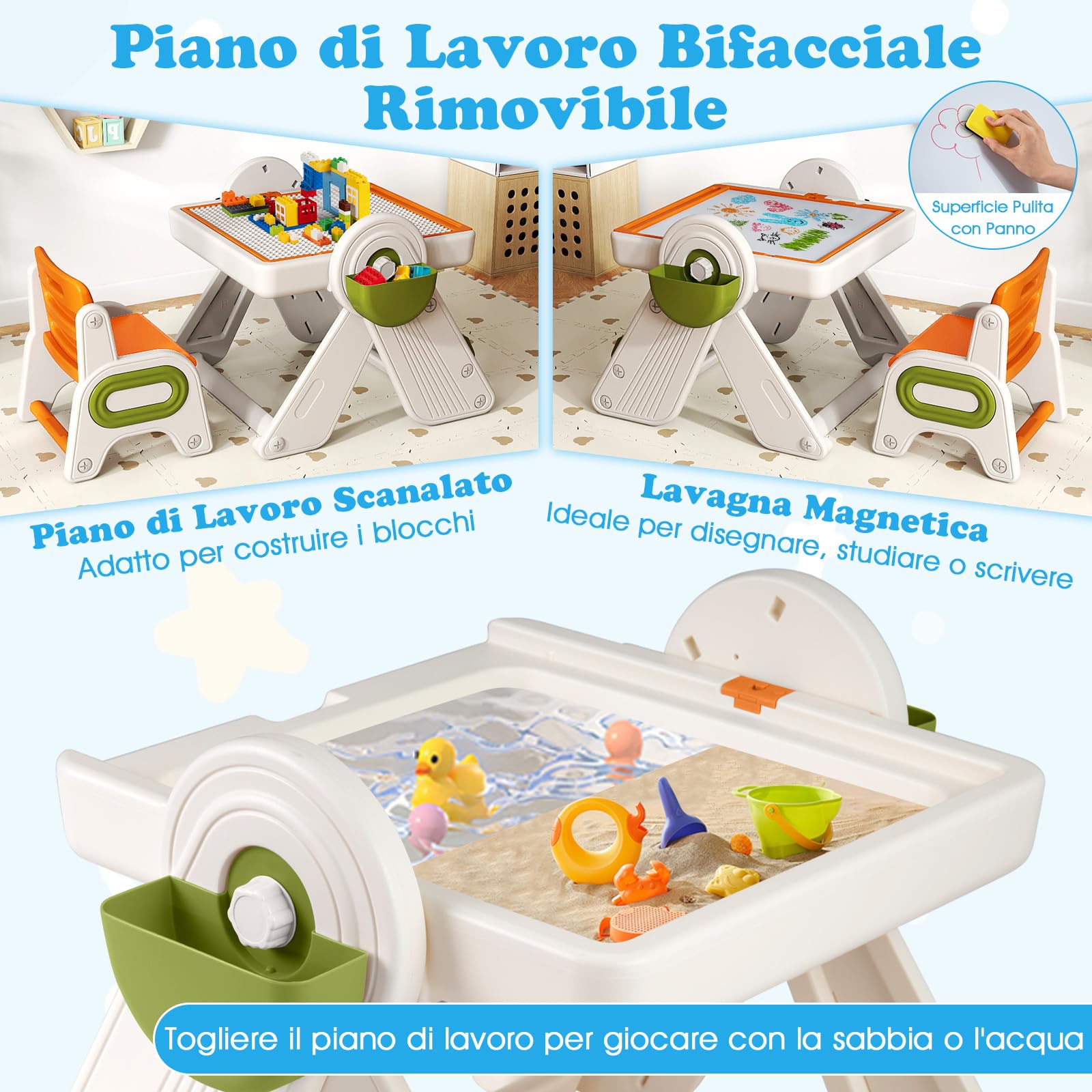 COSTWAY Set Tavolo e Sedia 6 in 1 per Bambini 18+ Mesi, Tavolino Pieghevole con Piano Reversibile, Porta Penne, Cesti Contenitori e Scaffale, Tavolo Salvaspazio per Giochi per Cameretta (Arancione)