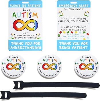 Autism Awareness Pin & Safety Tag Card Set - Includes 3 Autism Pin Badge Buttons | 2 Autism Cards with Hook and Loop Strips, Autism Must Haves for Strollers, Backpacks, and Clothing