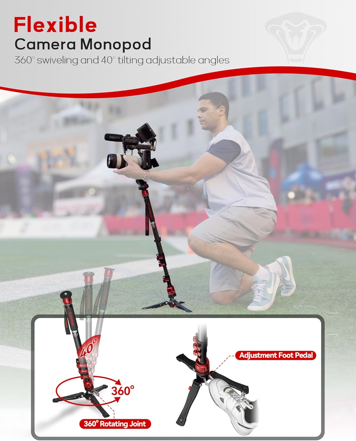 IFOOTAGE Cobra 3 Monopod C180F-P, 71" Monopod for Cameras Carbon Fiber Travel Monopod with Feet, 1/4'' & 3/8'' Quick Release Compatible with Sony Canon Nikon DSLR Camera, Payload 17.64Lbs/8KG