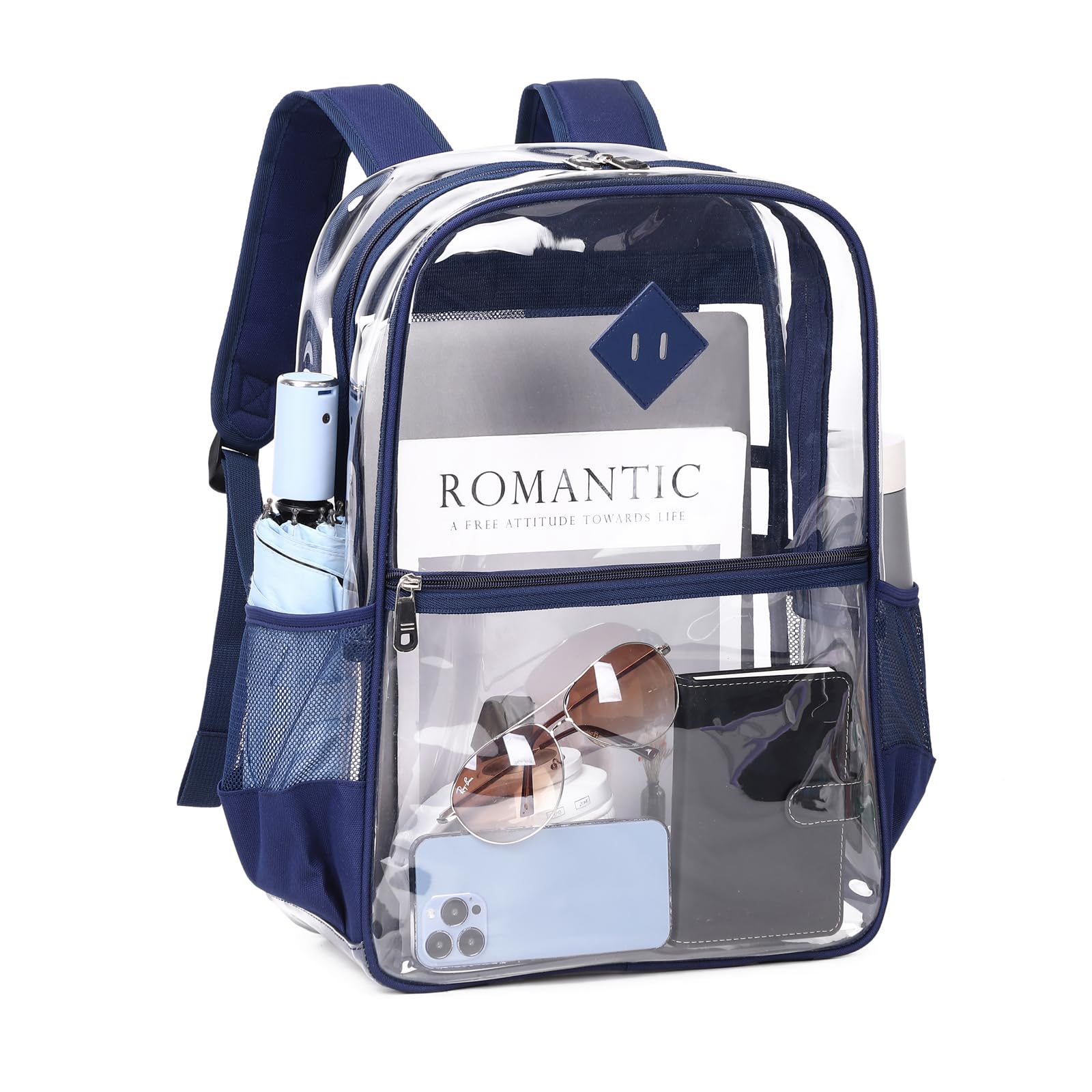 MUSEVOS Clear Backpack, Heavy Duty See Through Book Bag for Work, Security, Concerts, College Transparent PVC bookback Stadium Approved, Navy Blue