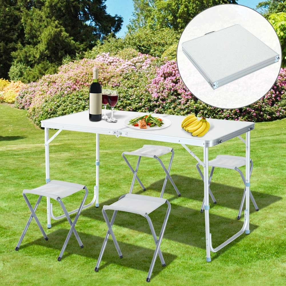 BAKAJI Table de Camping 120 x 60 cm réglable en Hauteur et Pliable - Format Valise, Facile à Transporter, idéale pour Jardin, Plage, Pique-Nique - avec 4 tabourets pliants en Aluminium