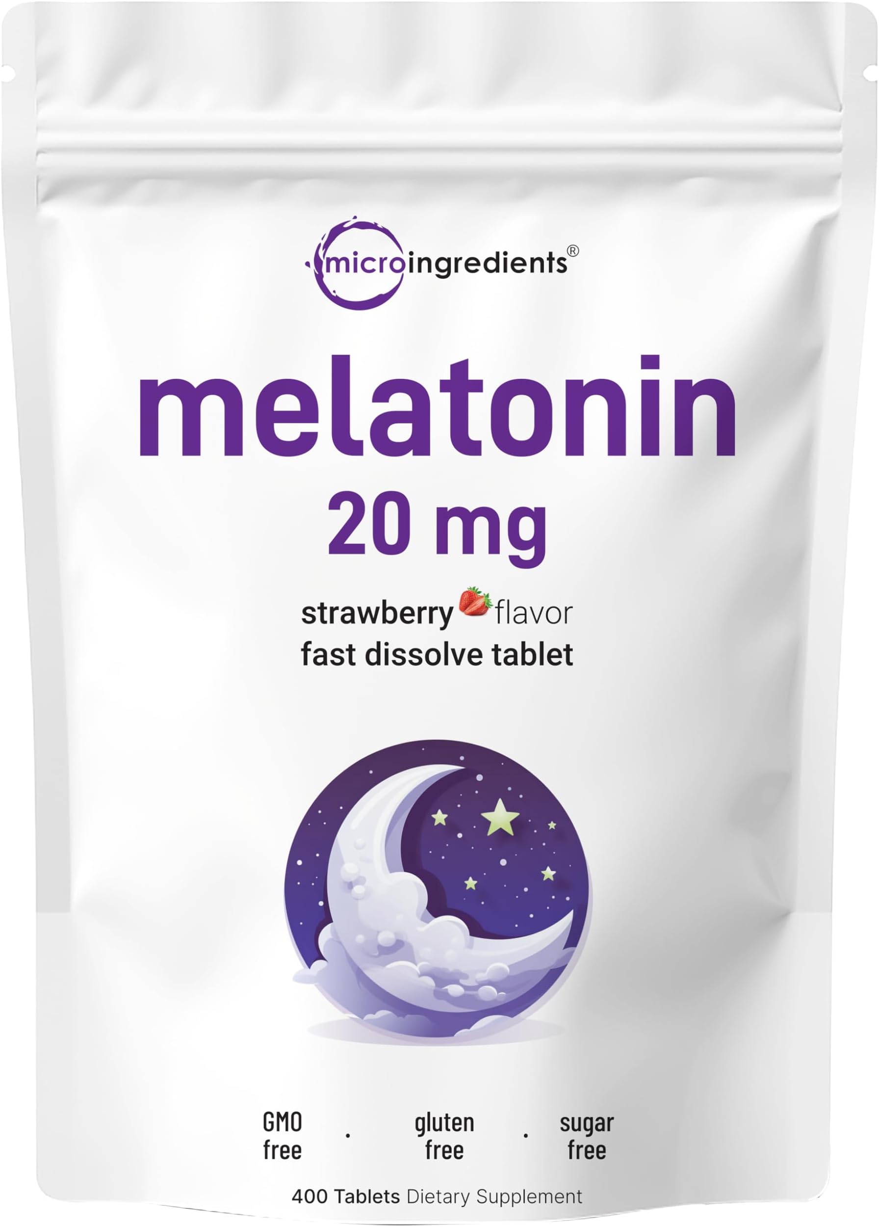 Micro Ingredients Melatonin 20mg, 400 Tablets | Strawberry Flavor | Fast Dissolve | 100% Drug Free | Vegetarian Friendly | Non-GMO, No Gluten, Sugar Free