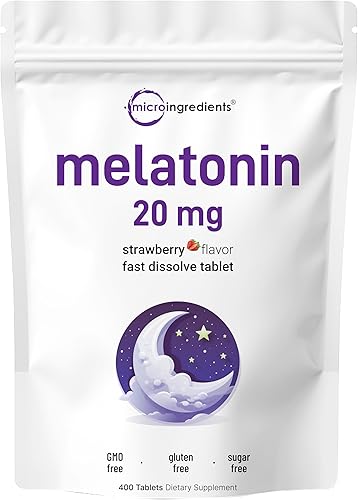 Micro Ingredients Melatonina 20 mg, 400 tabletas | Sabor natural de fresa | Disolución rápida | Sin drogas | Apto para vegetarianos | Sin OMG, sin