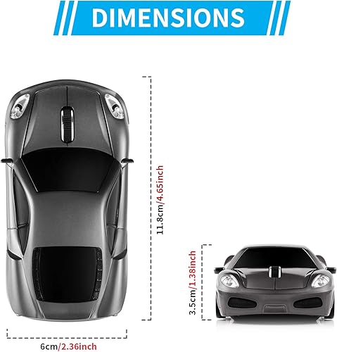 Miniatura 6 de Ratón de computadora de coche deportivo actualizado con faros LED, 1600 DPI 2.4 GHz ratón inalámbrico para PC y Mac, rojo