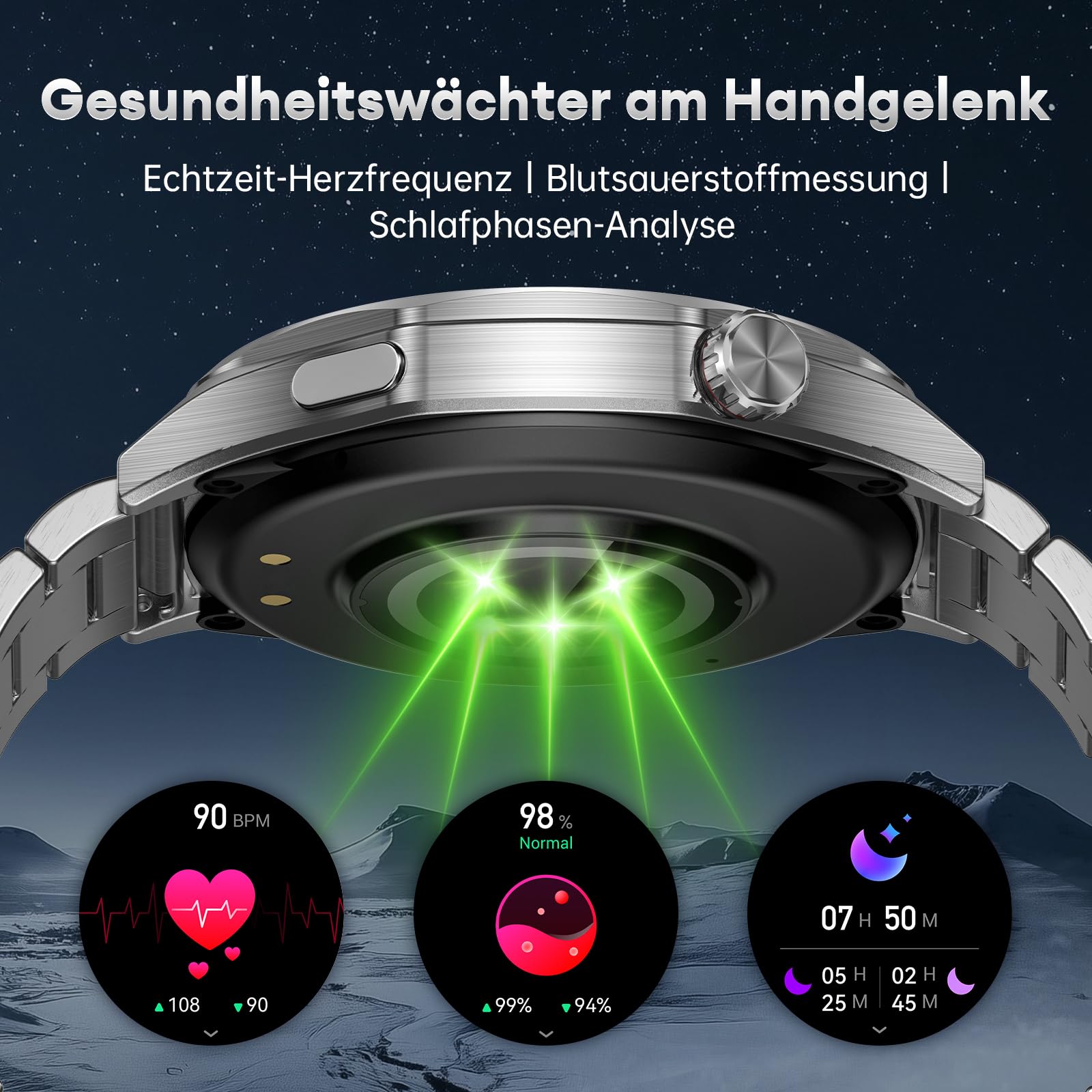 Smartwatch Herren, 1,52'' Robuste Fitnessuhr Rund mit 500mAh Langer Akku/IP68 Wasserdicht/120+ Sportmodi/Herzfrequenz/SpO2/Schlafmonitor/Telefonfunktion für Android iOS, Silber
