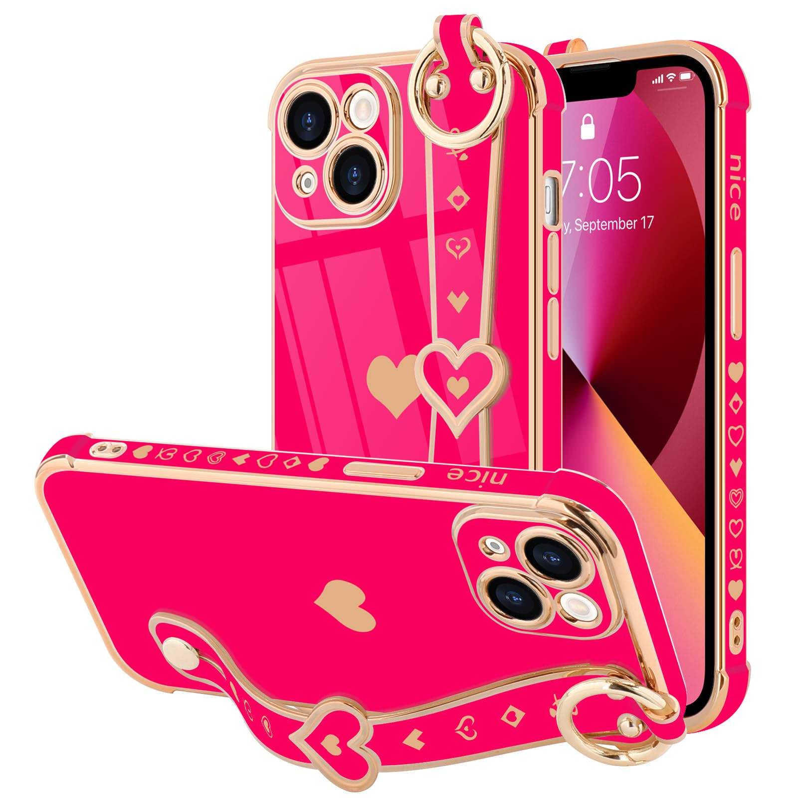 LLZ.COQUE for iPhone 13 Case Cute Love-Heart Plating Strap Phone Cover for Women Girls Bling Soft Silicone Camera Lens Protection Bumper Shockproof