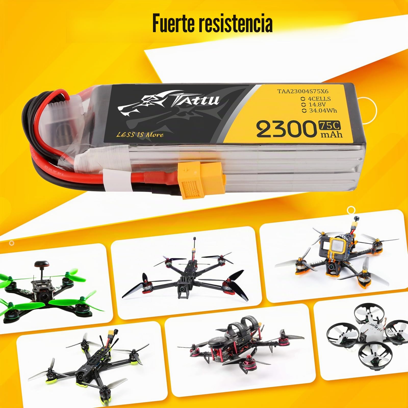 Tattu 4S LiPo 2300mAh 75C 14.8V Batería para FPV Racing, Quadricópteros, Helicópteros, Aviones RC y Barcos RC