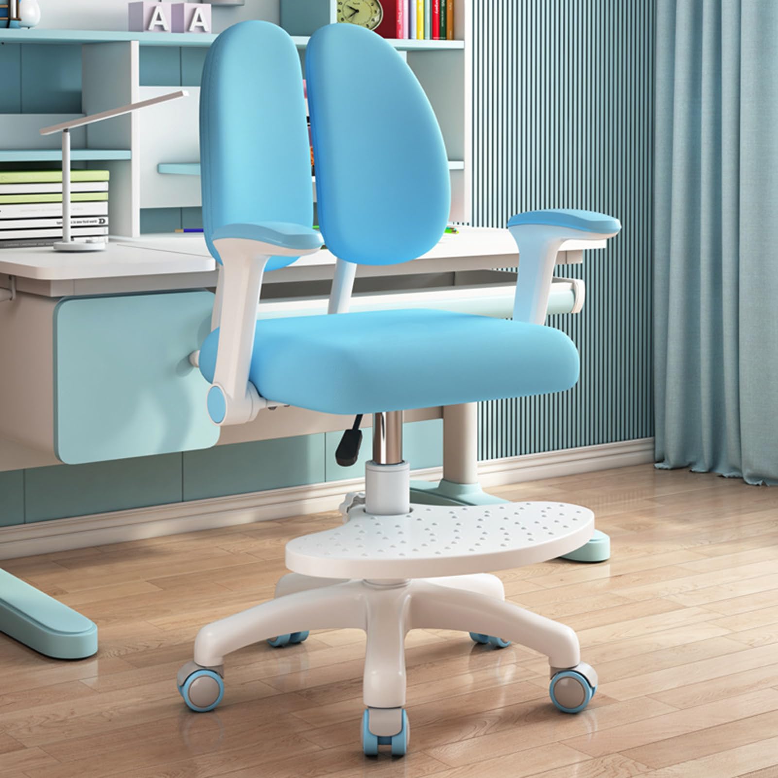 fiakoais Children Study Desk Chair, Height and Depth Adjustable Kids Computer Chair, Ergonomic Dual Back Support, Self Locking Wheels, Swivel Study Chair for Ages 3 to 18 (Blue)