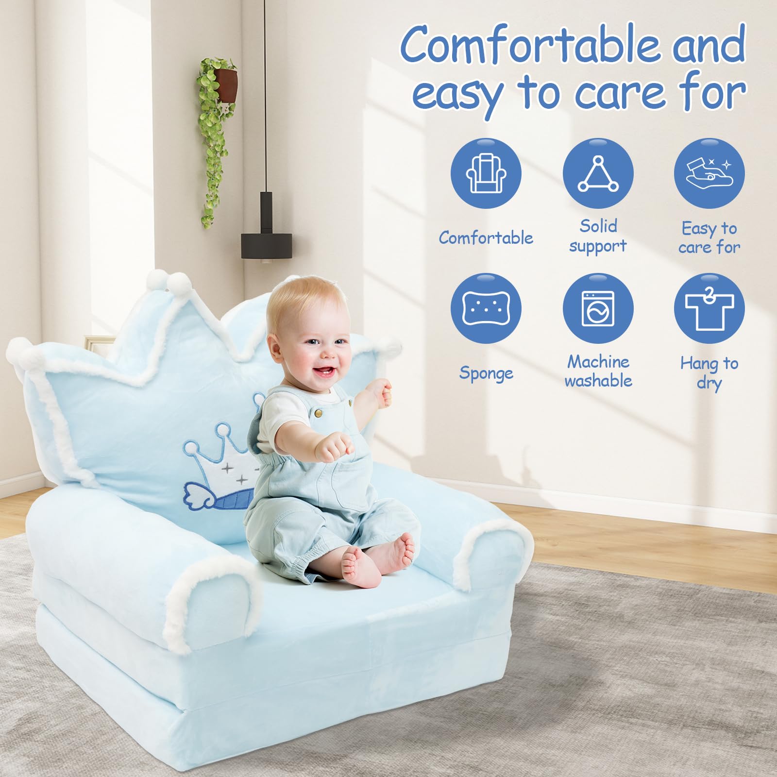 Krzesło dla małych dzieci, wygodna sofa do spania, składana kanapa dla małych dzieci, lekka kanapa dla niemowląt, przenośna kanapa dla dzieci w wieku od 1 do 4 lat (niebieska korona futrzana)