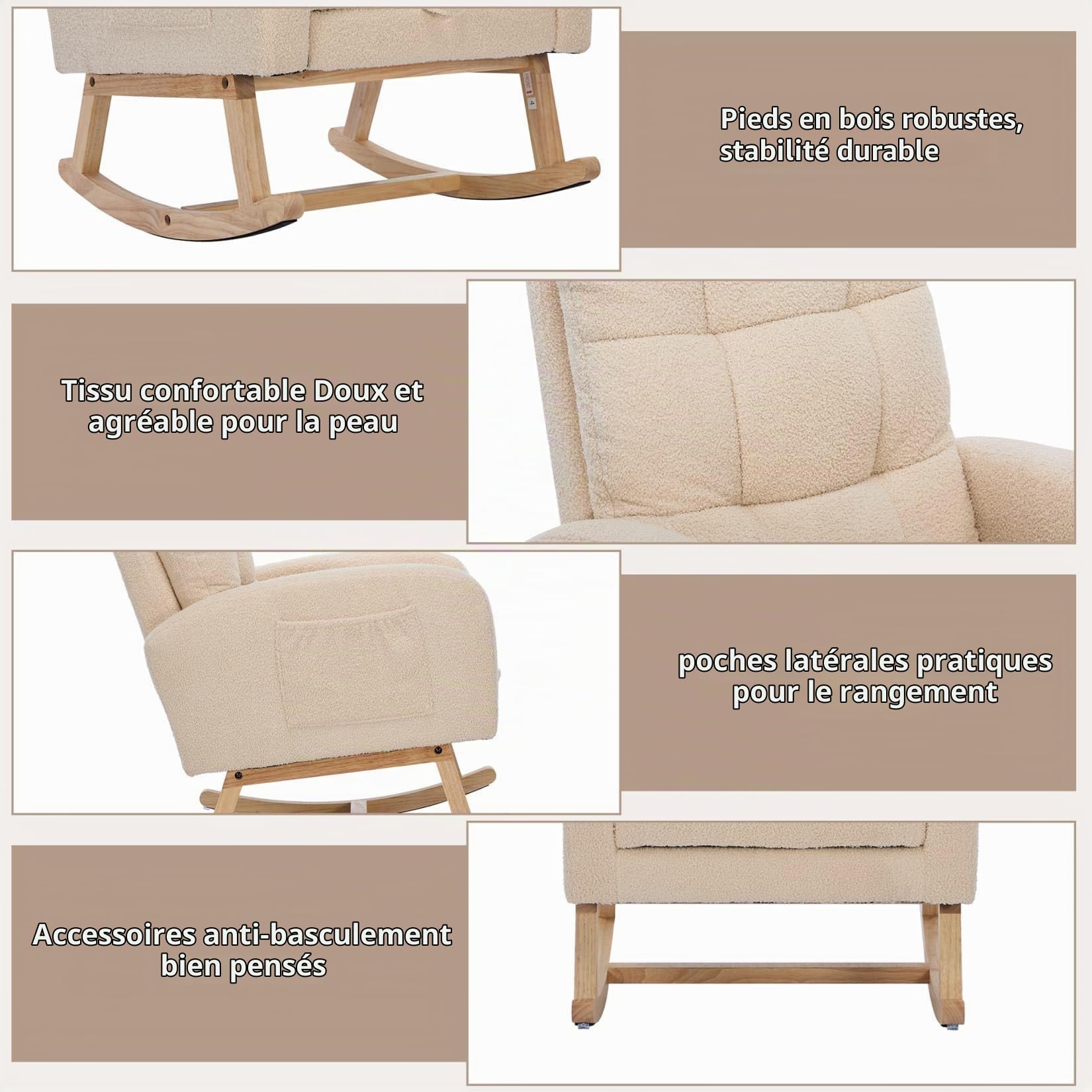 PUGSDRLY Fauteuil à Bascule en Velours Teddy,Rocking Chair,Fauteuil Allaitement,Structure en Bois Massif,Repose-Jambes Dissimulés,pour Salon,Chambre à Coucher,Balcon,Beige