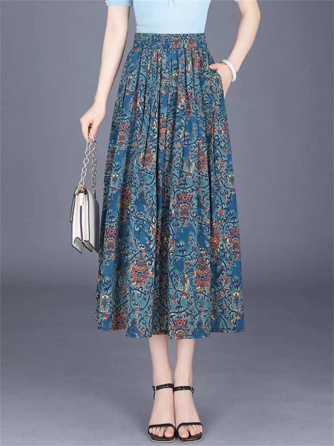 Womens Print Pleated Skirts Female Elastic High Waist Mid Long Pockets Big Swing Skirt
