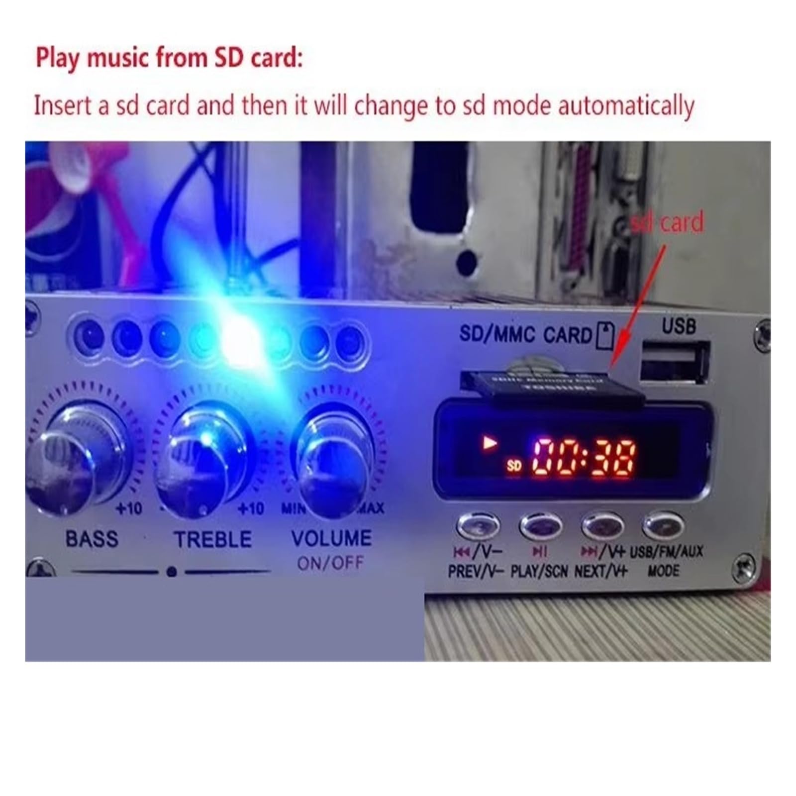 Wzmacniacz audio, DC12V Mini wzmacniacz Bluetooth Wzmacniacz słuchawkowy SD/USB Odtwarzanie radia FM z pilotem do samodzielnego montażu(Blauw)