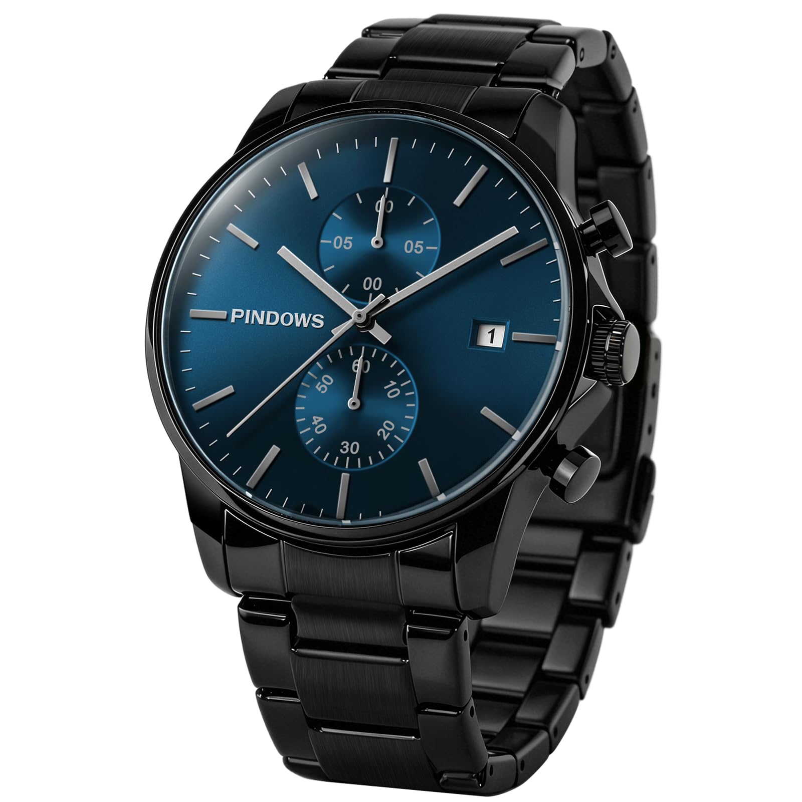 PINDOWS Orologi da uomo, moda, minimalista, business, robusto, acciaio inossidabile, impermeabile, cronografo, orologio al quarzo con datario automatico