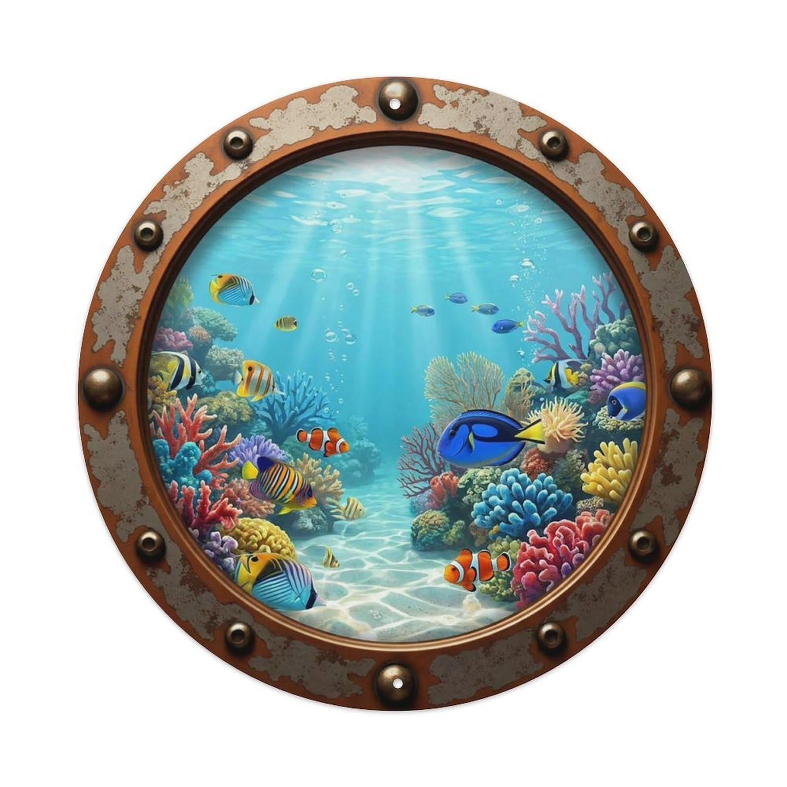 Vintage Porthole Shallow Reef Nautical Window View Vintage Metal Tin Sign Plaque Wall Decor for Cafe, Club Bar, Office, Garden Metal Poster 8x8Inch
