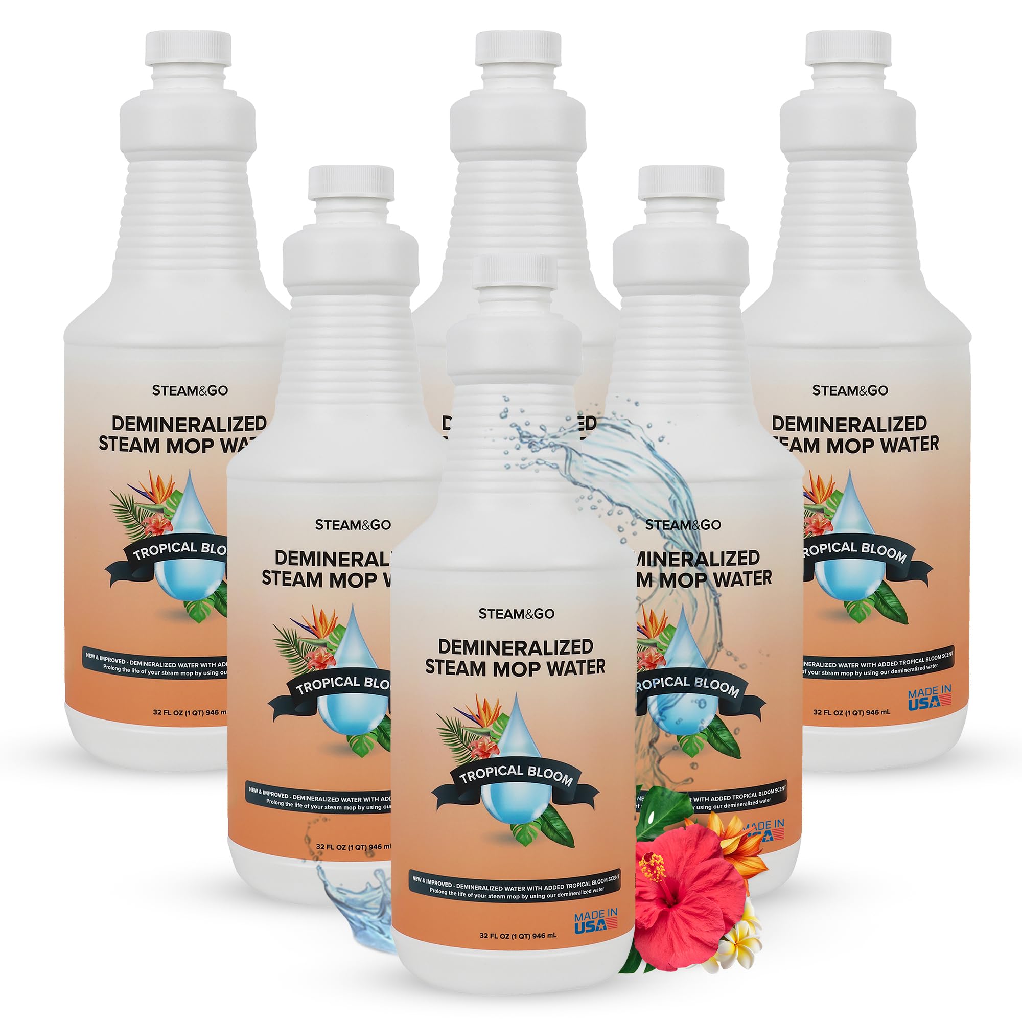 Steam & Go Demineralized Water for Steam Cleaner - PVC-Free Floor Cleaning Solution Compatible for All Steam Mops - Multi-Surface Cleaner for Home Surfaces - Tropical Bloom Scent, 32 oz (Pack of 6)