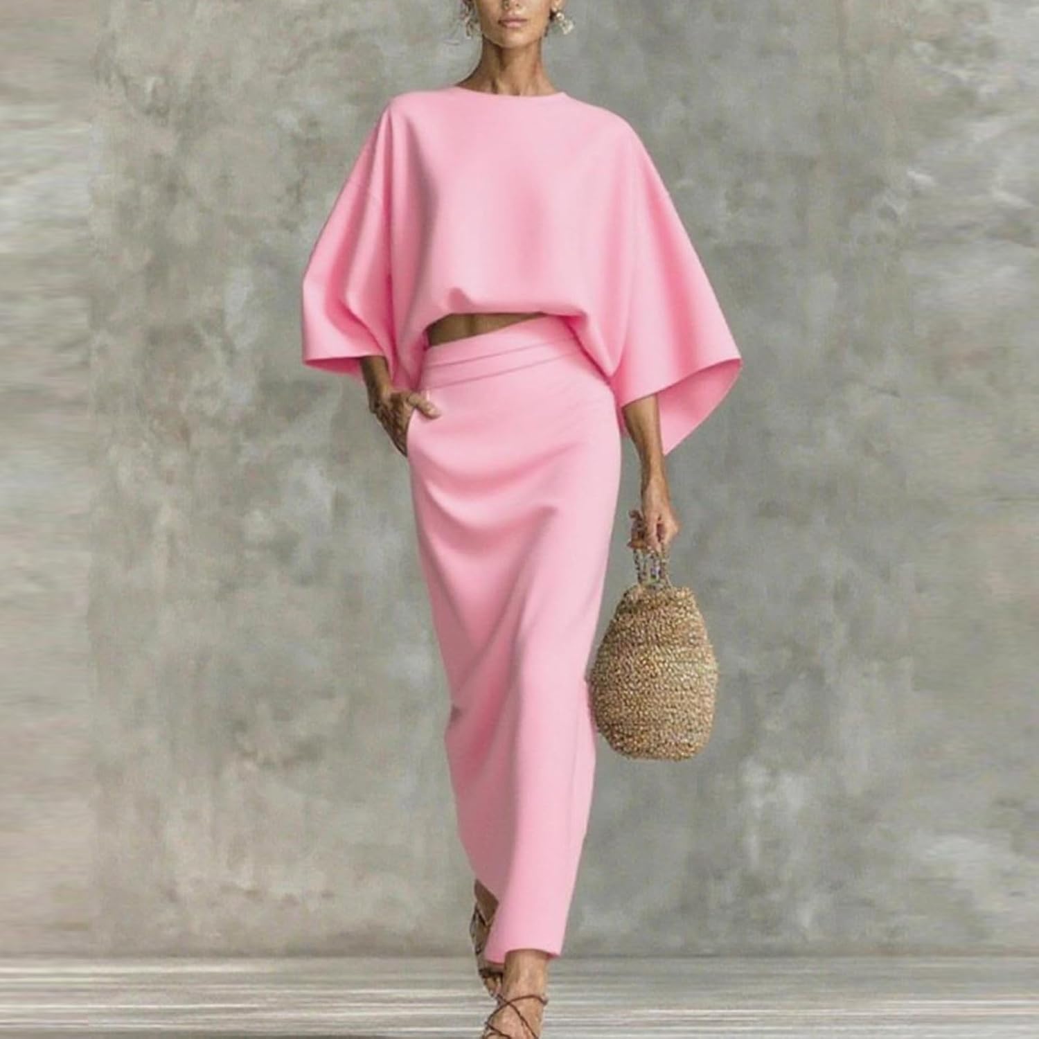 HGps8w Women's 2 Piece Outfits - Oversized Batwing Crop Top High Waisted Maxi Skirt Elegant Party Cocktail Dress with Pockets