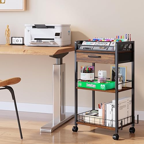 Miniatura 8 de Carrito con ruedas de 3 niveles, carrito utilitario de metal con cajón de almacenamiento y ruedas, versátil organizador de arte y manualidades para