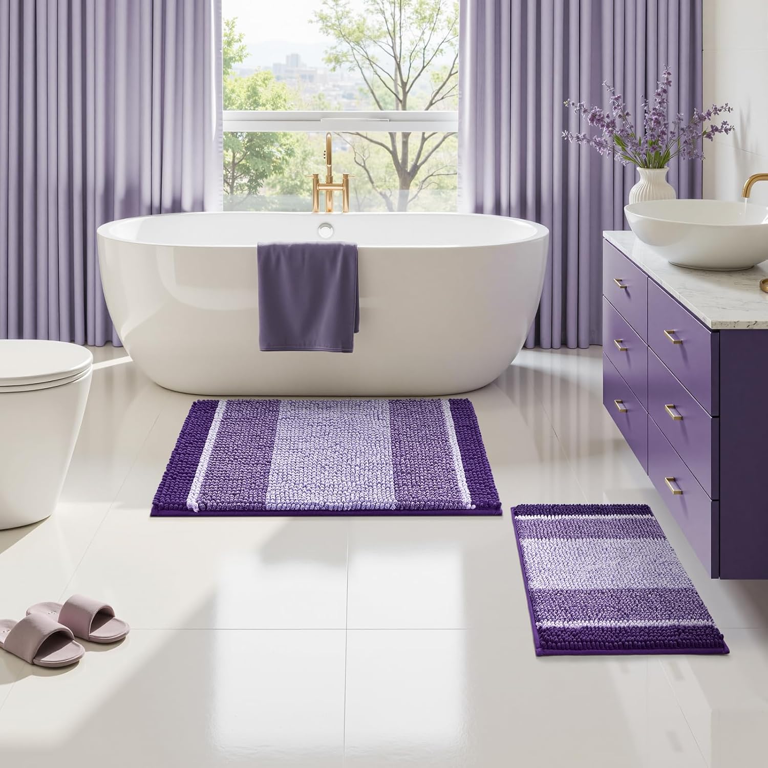 HOMEIDEAS Purple Bathroom Rugs Set, 2 Piece Thick Absorbent Fluffy Striped Chenille Bath Rugs, Non Slip, Soft Shaggy Bath Mats for Purple Bathroom Decor, 20" x 32" Plus 17" x 24"