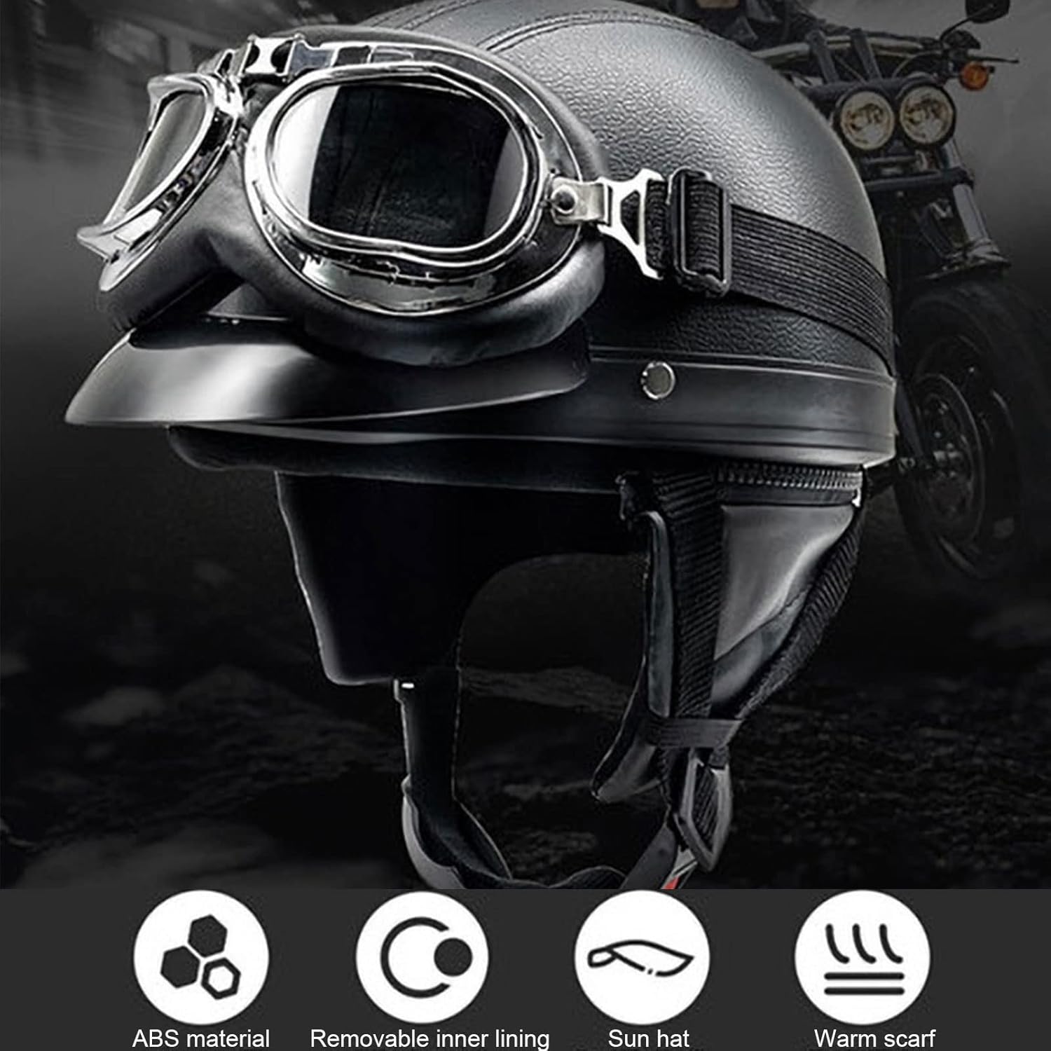 Motorcycle Leather Half Face Helmet, Retro Men Women Open Face Helmet with Goggles, DOT Approved Motorcycle Helmet for Moped Scooter Street Cruiser Chopper(55-62cm) (Color : A)