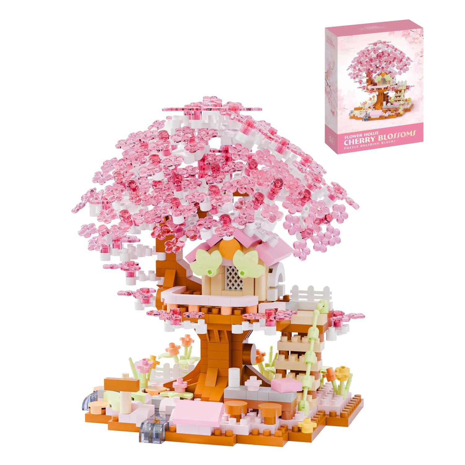 Cherry Blossom Tree House Micro Building Blocks Set, 690PCS Cherry Blossom Tree House Building Blocks Set