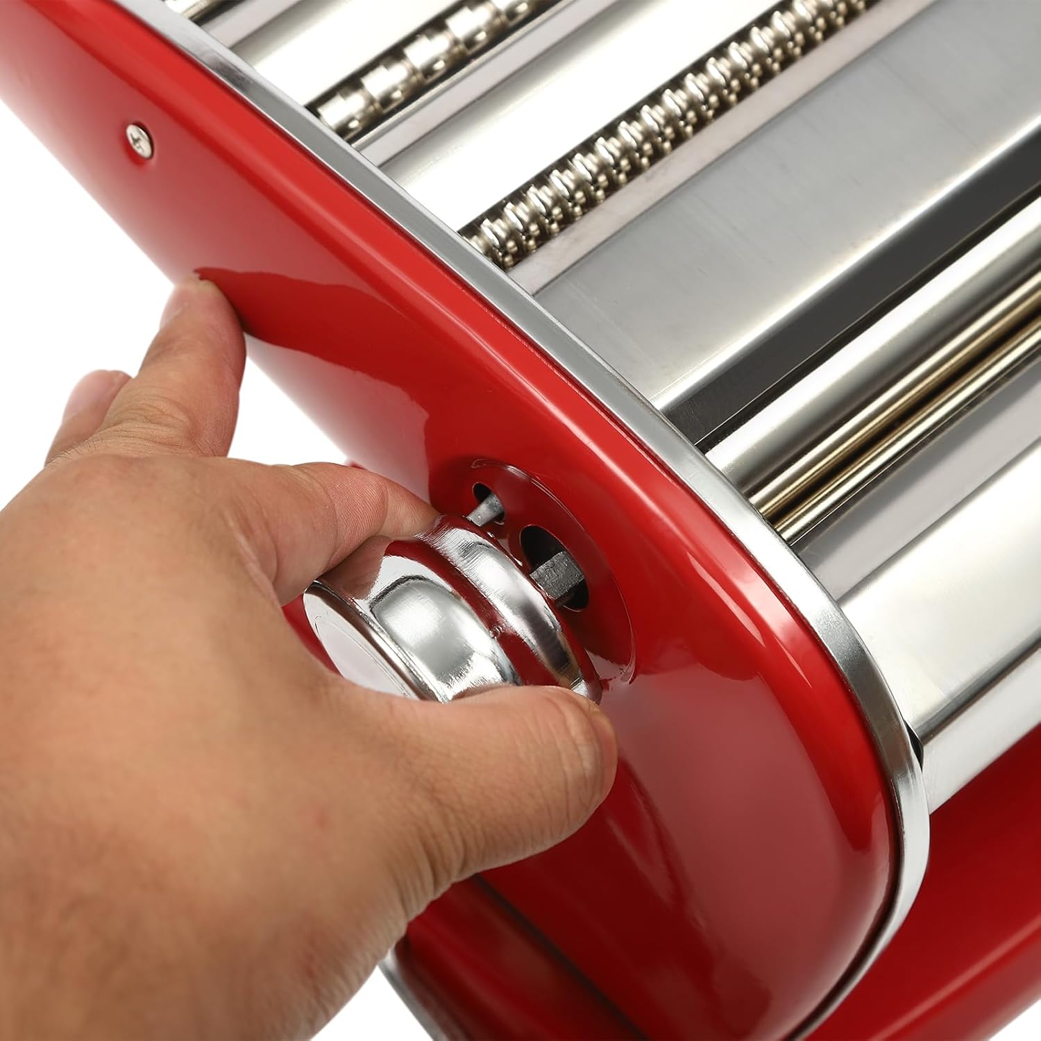 Pasta Maker Machine, Suction Cup Type Manual Pasta Machine 0.01-0.20inch with 6 Adjustable Thickness Settings 4-in-1 Hob Noodle Machine For Making Spaghetti, Fettuccine, Lasagna, Dumpling (Red)