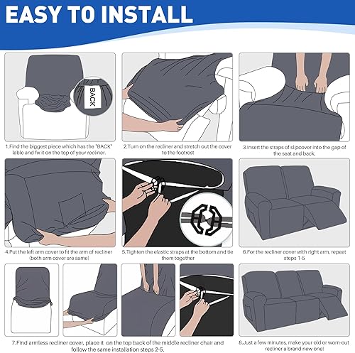 Miniatura 6 de MAXIJIN Funda impermeable para sofá reclinable de 5 piezas, funda para sofá reclinable de 3 plazas, protector de muebles con correas elásticas y