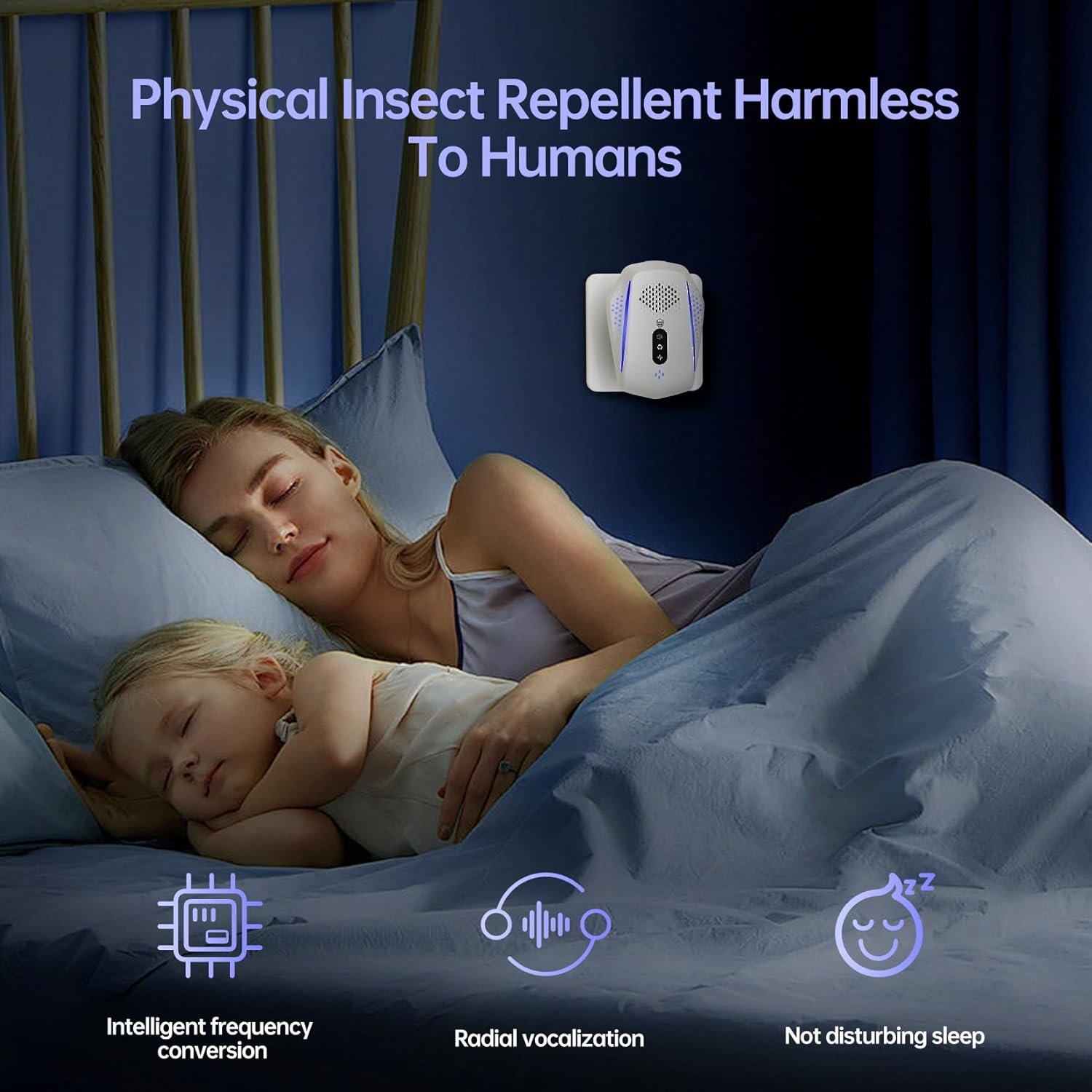 Family with child and dog sleeping peacefully, indicating the repeller is harmless to humans and pets