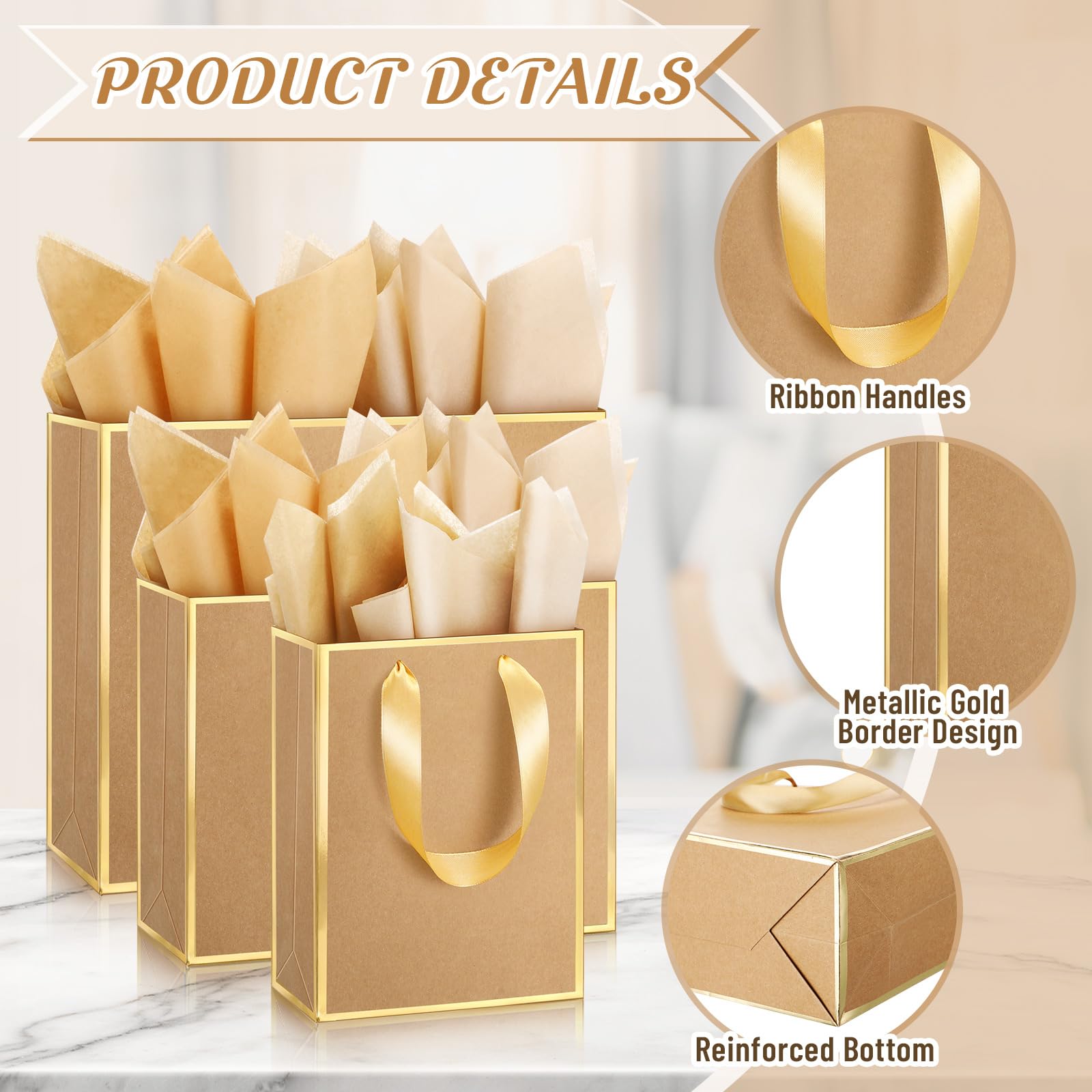 Yeaqee 12 Pcs Metallic Paper Gift Bag with Handle Tissue Paper Assorted Size Include 8" 10" 13" Thank You 5 Senses Gift Bag for Him Her Birthday Wedding Groomsmen Bridesmaid(Kraft,Gold)