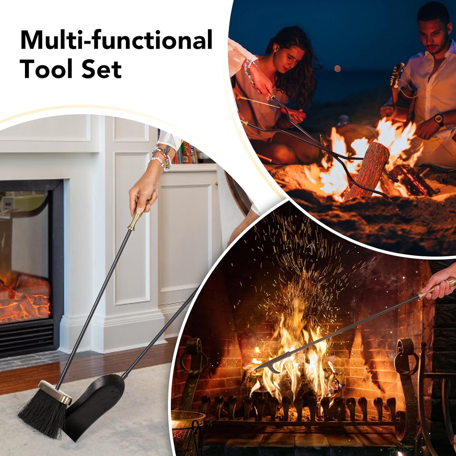 nalone 5 Pieces Fireplace Tools Set, Brass Handles Wrought Iron Fireplace Accessories Set with Poker, Tong, Shovel, Brush, Fire Place Tools Indoor Outdoor (Antique Bronze)