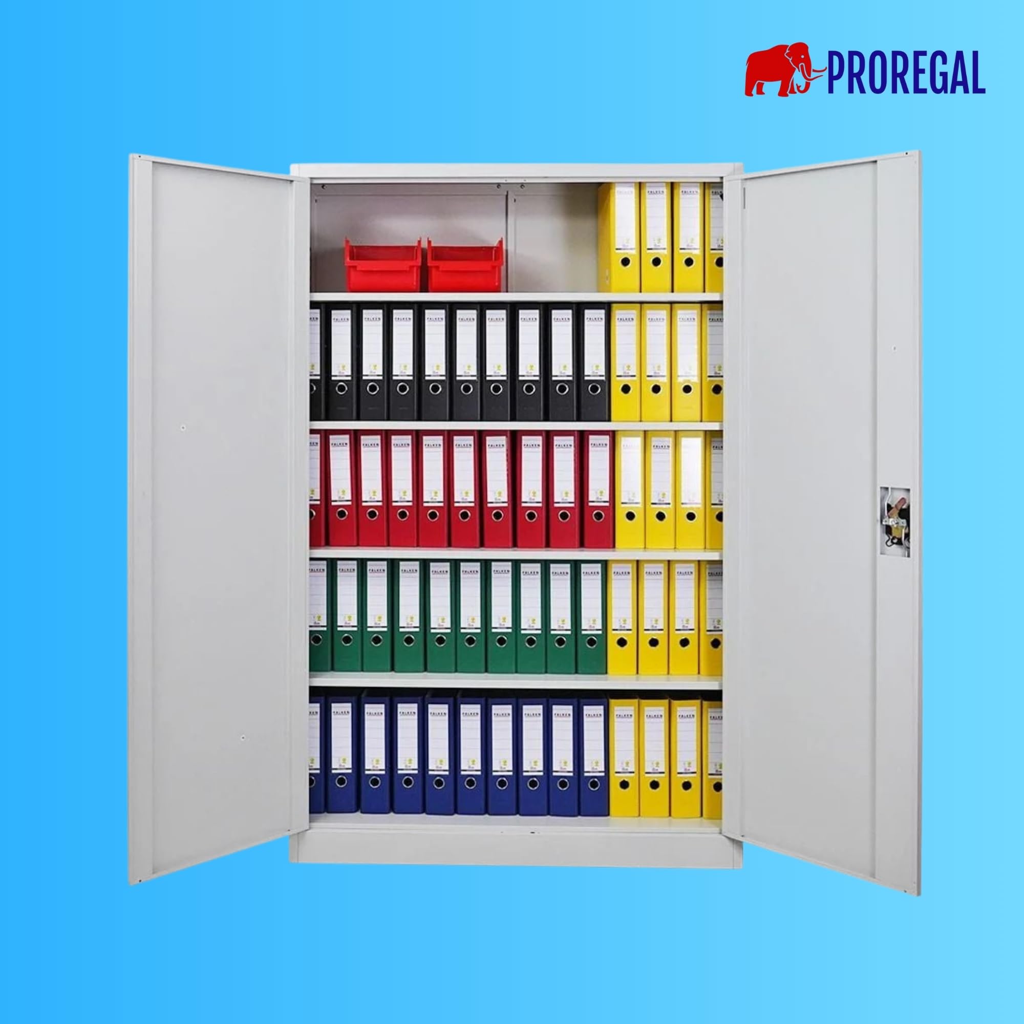 PROREGAL Mega Deal 2X Armoire à Portes battantes Elephant Armoire de classement en métal verrouillable 2 Portes 180x120x40cm en Acier 4 Niveaux Gris Clair