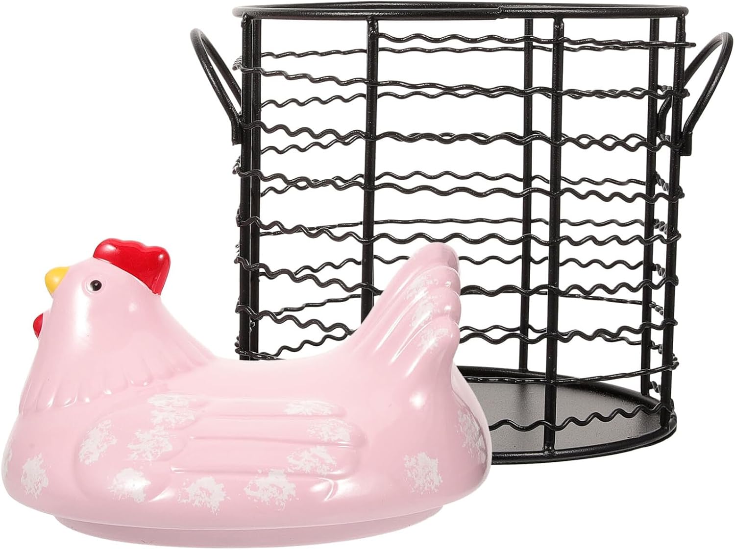 Ceramic Hen Shape Egg Storage Basket with Black Mesh Wire, Large Kitchen Fruit and Vegetable Organizer for Countertop Use