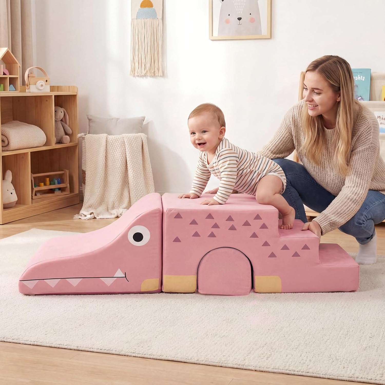 HONEY JOY Toddler Climbing Toys Indoor, 3-Piece Crocodile Foam Climbing Blocks, Modular Crawling & Sliding Activity Play Set, Baby Gym Equipment Playground, Soft Play Climbing for Toddlers (Pink)