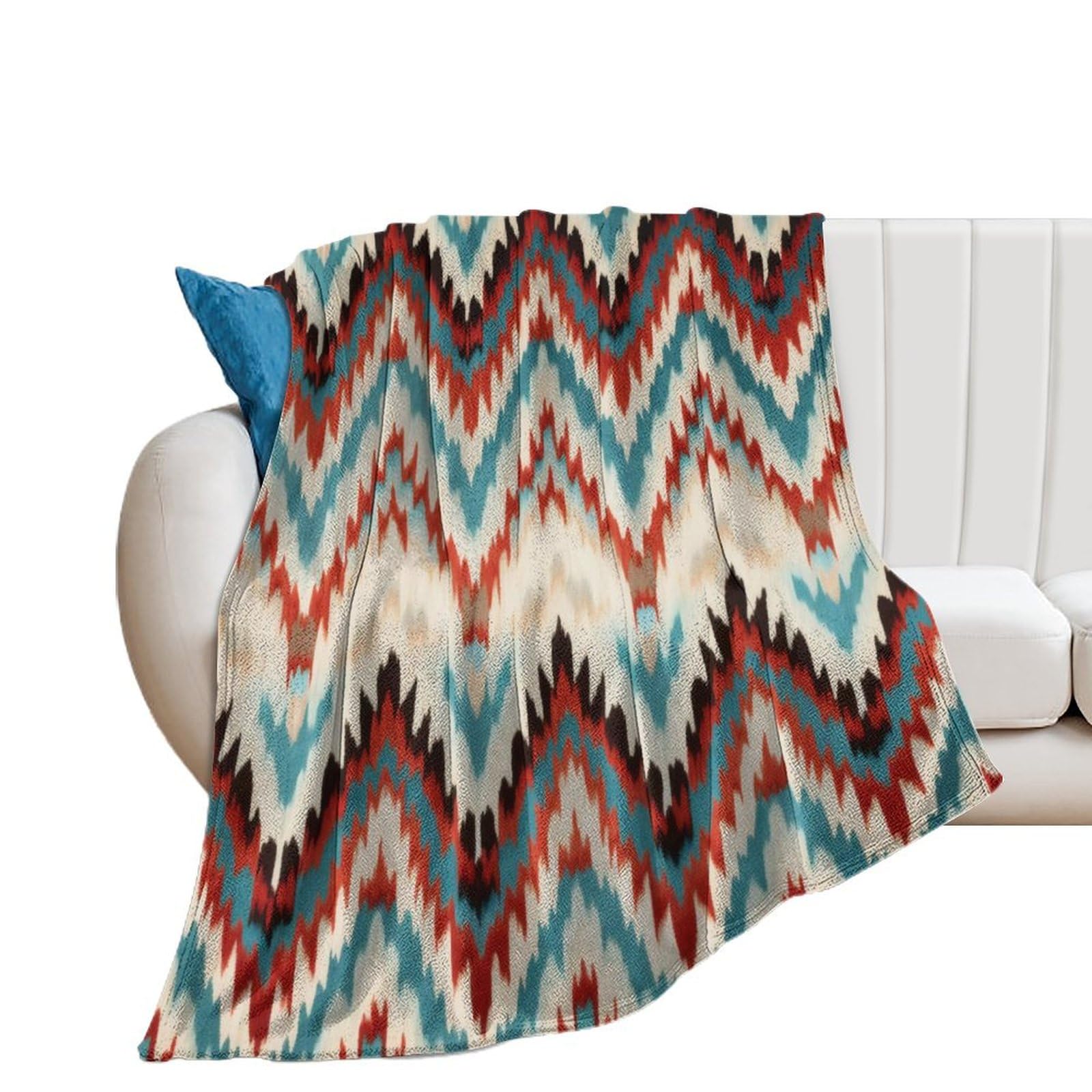 Couverture flanelle douce Ikat anti-courants d'air : zigzag rouge bleu pour lit et canapé