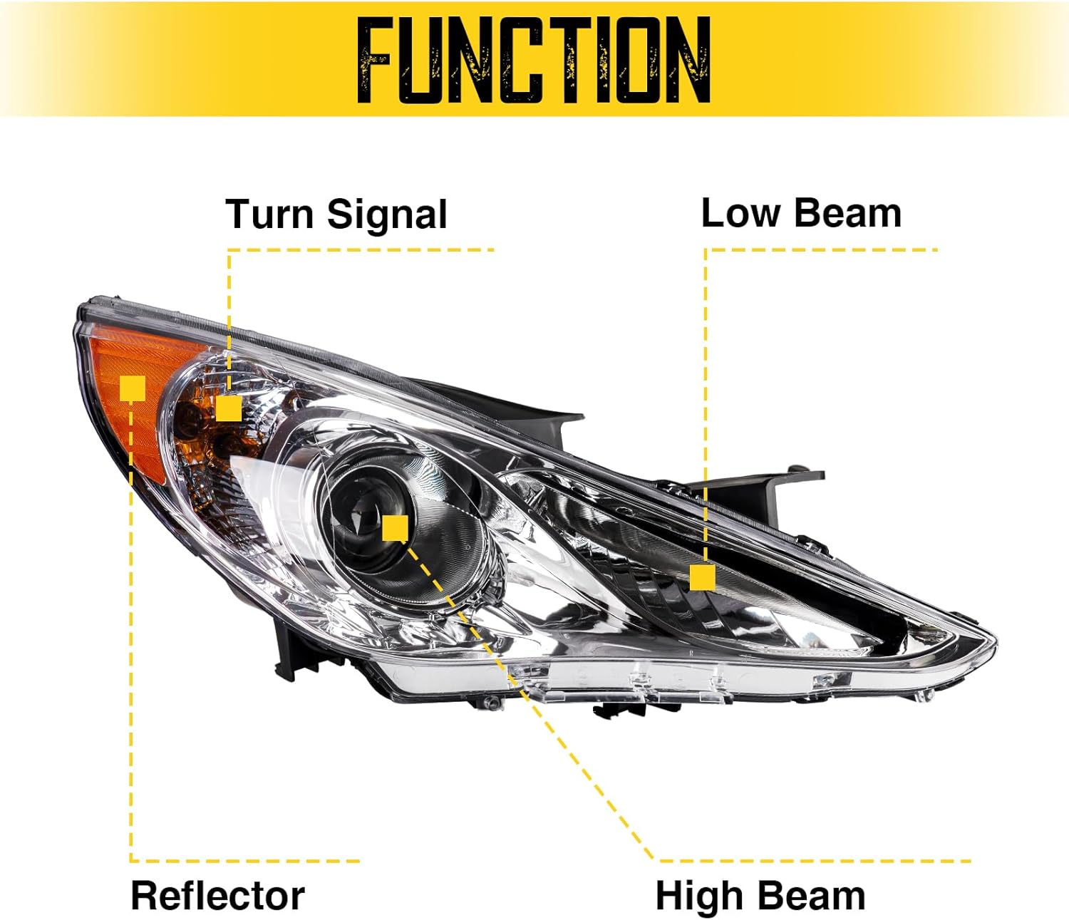 Torchbeam Headlight Assembly Replacement for 2011 2012 2013 2014 Sonata GLS/Limited/SE, Headlamp Compatible with 2011-2014 Hyundai Sonata Chrome Housing Amber Reflector (except Hybrid)