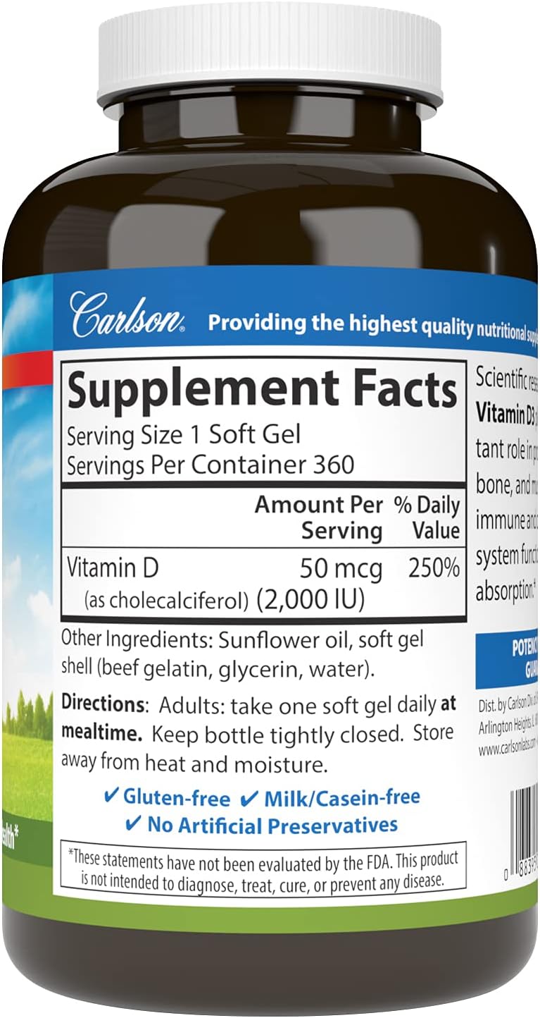 Carlson - Vitamin D3, 2000 IU (50 mcg), Vitamin D Supplement, Vitamin D3 Soft Gel, 360 Softgels : Health & Household