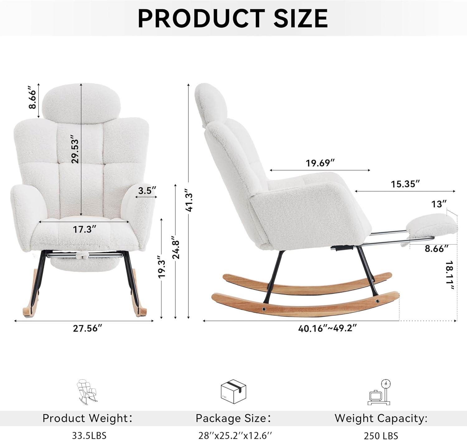 Modern Teddy Fabric Leisure Rocking Chair with Pillow Adjustable Footstool, High Backrest, Storage Pocket On The Right Side, Nursery Rocking Chair for Living Room, Bedroom, Nursing Room, Lvory