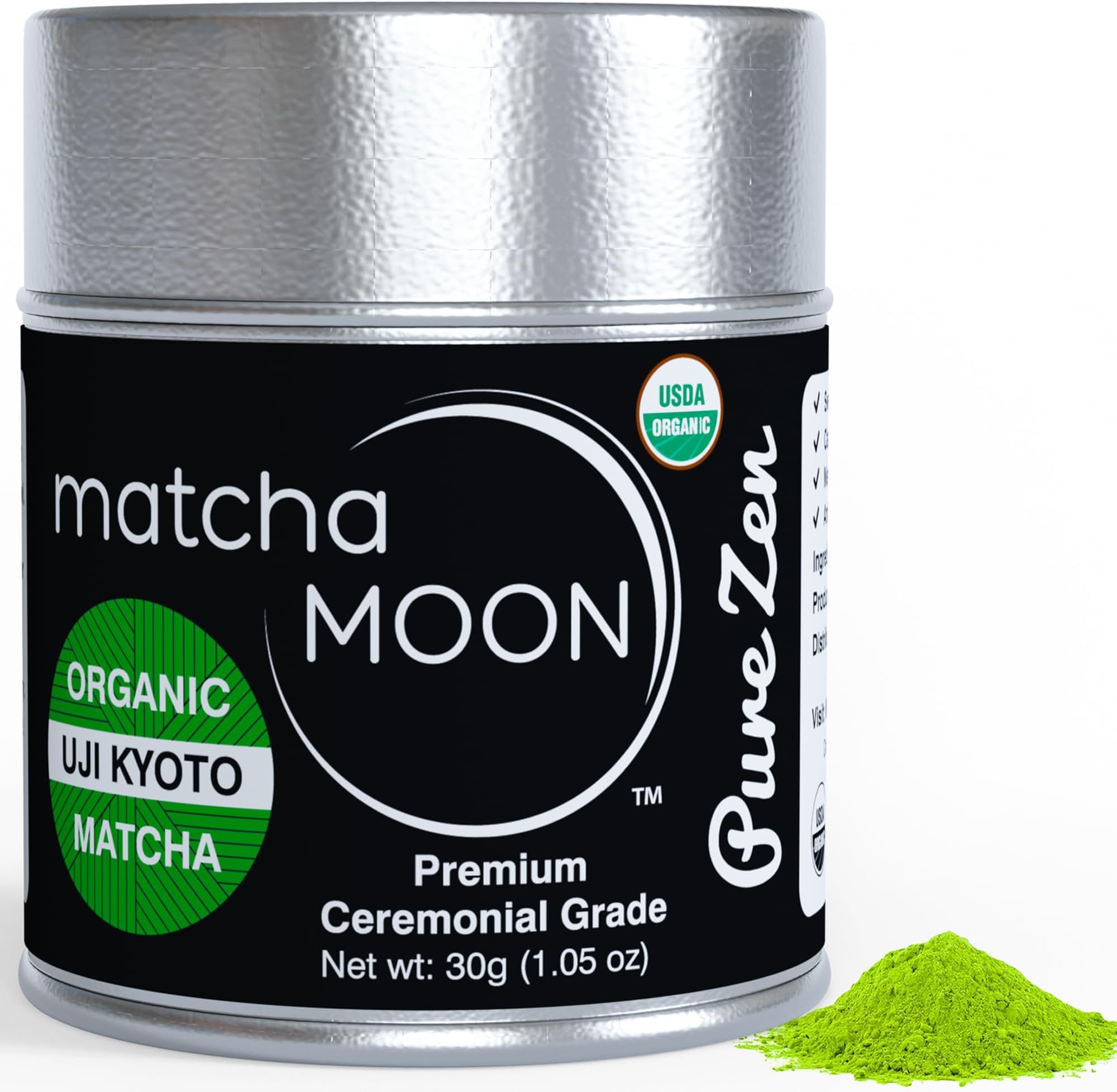 Matcha Moon Organic Ceremonial Grade Matcha Green Tea Powder - Pure Zen - Ideal for Traditionally Whisked Tea - 30g Tin (1oz) - Finest Matcha Powder for Authentic Tea Experience
