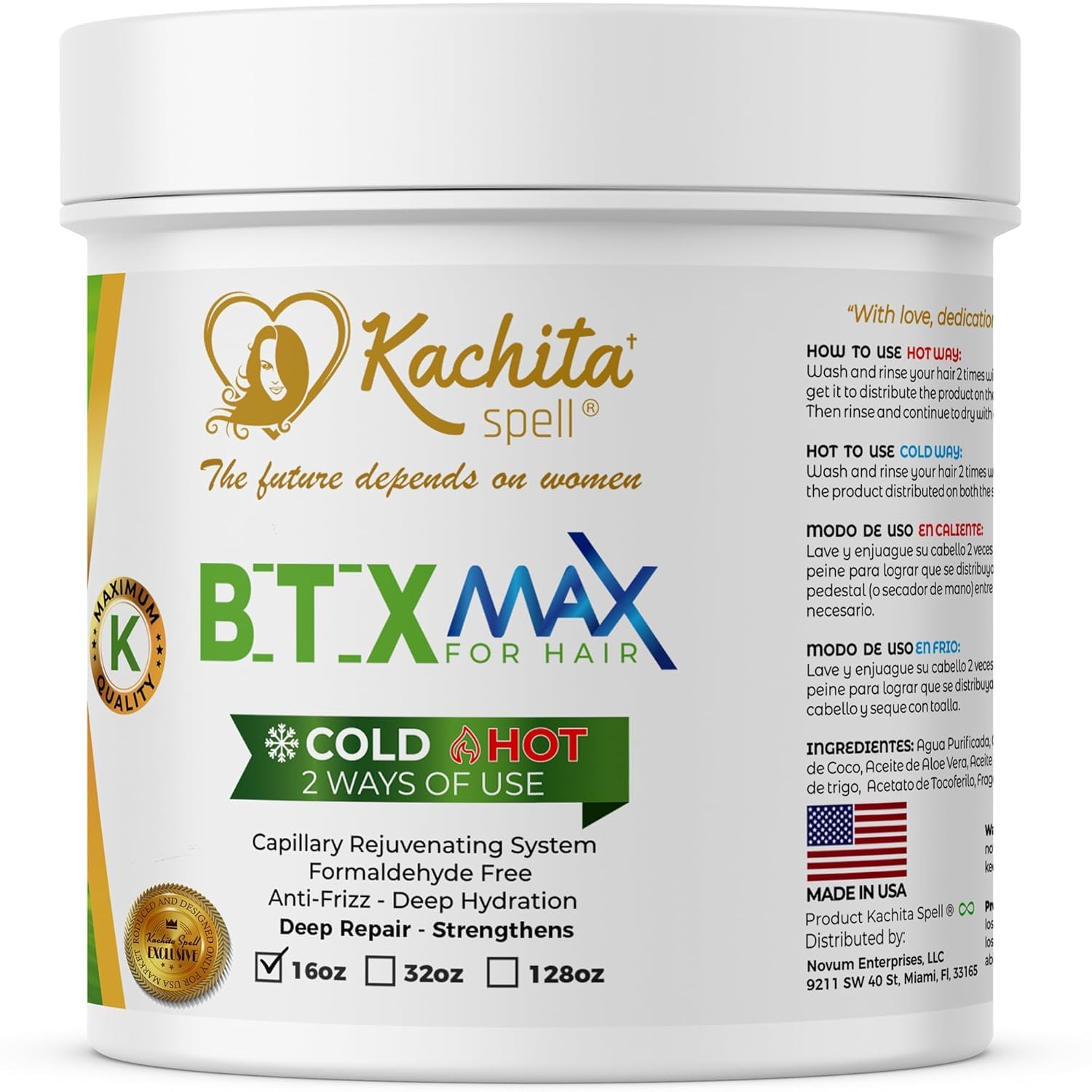 Kachita Spell BTX Hair Treatment - 16oz, Rejuvenates Dry/Damaged Hair, Reduces Frizz, Provides Deep Hydration, Volume Control, and Smoothness - Cirugia Capilar Formaldehyde-free BTXMAX Formula