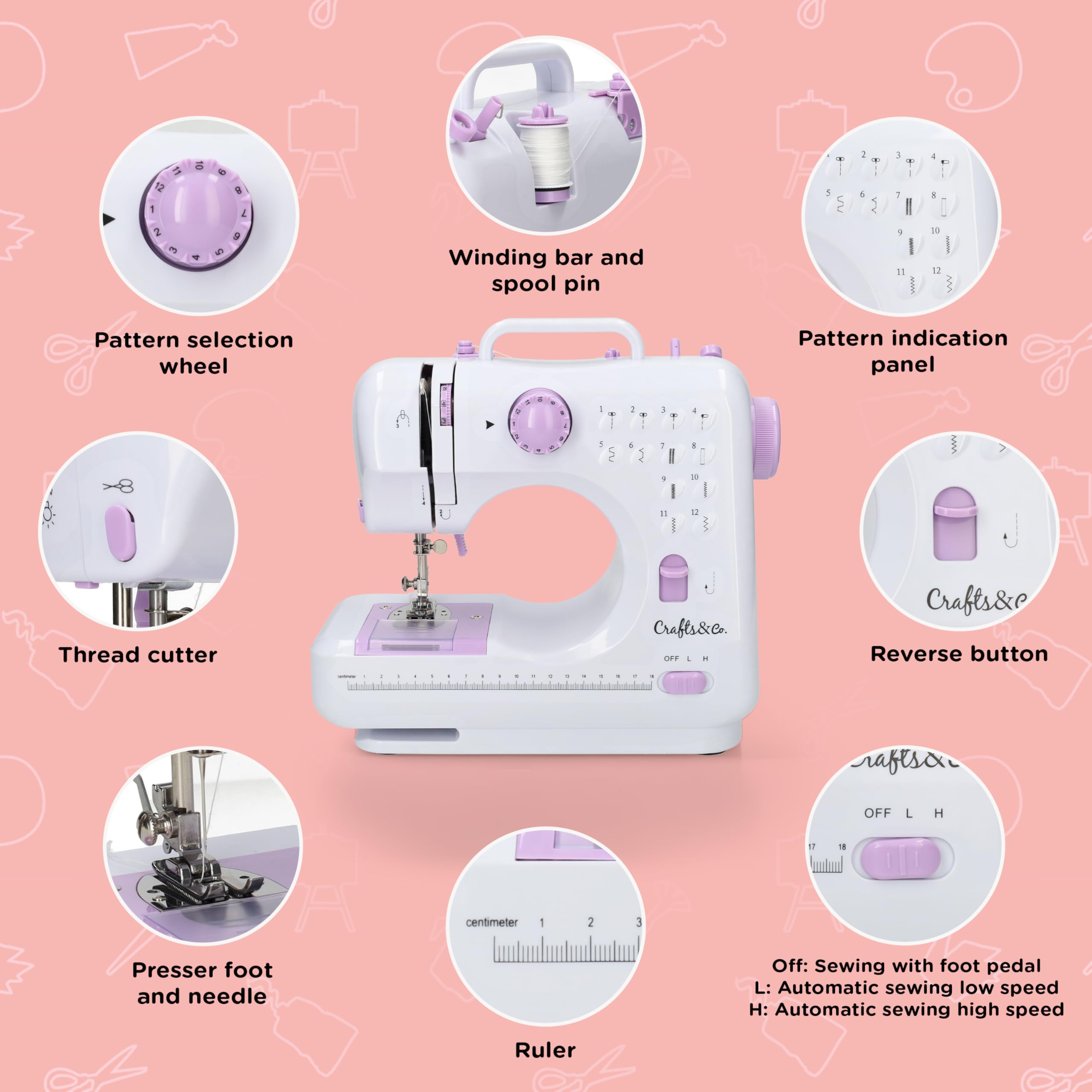 Crafts&Co Maszyna do szycia, zestaw do szycia i zestaw igieł Combideal | Mini maszyna do szycia dla początkujących z 12 ściegami i owerlokiem | uniwersalne igły do różnych materiałów i materiałów |