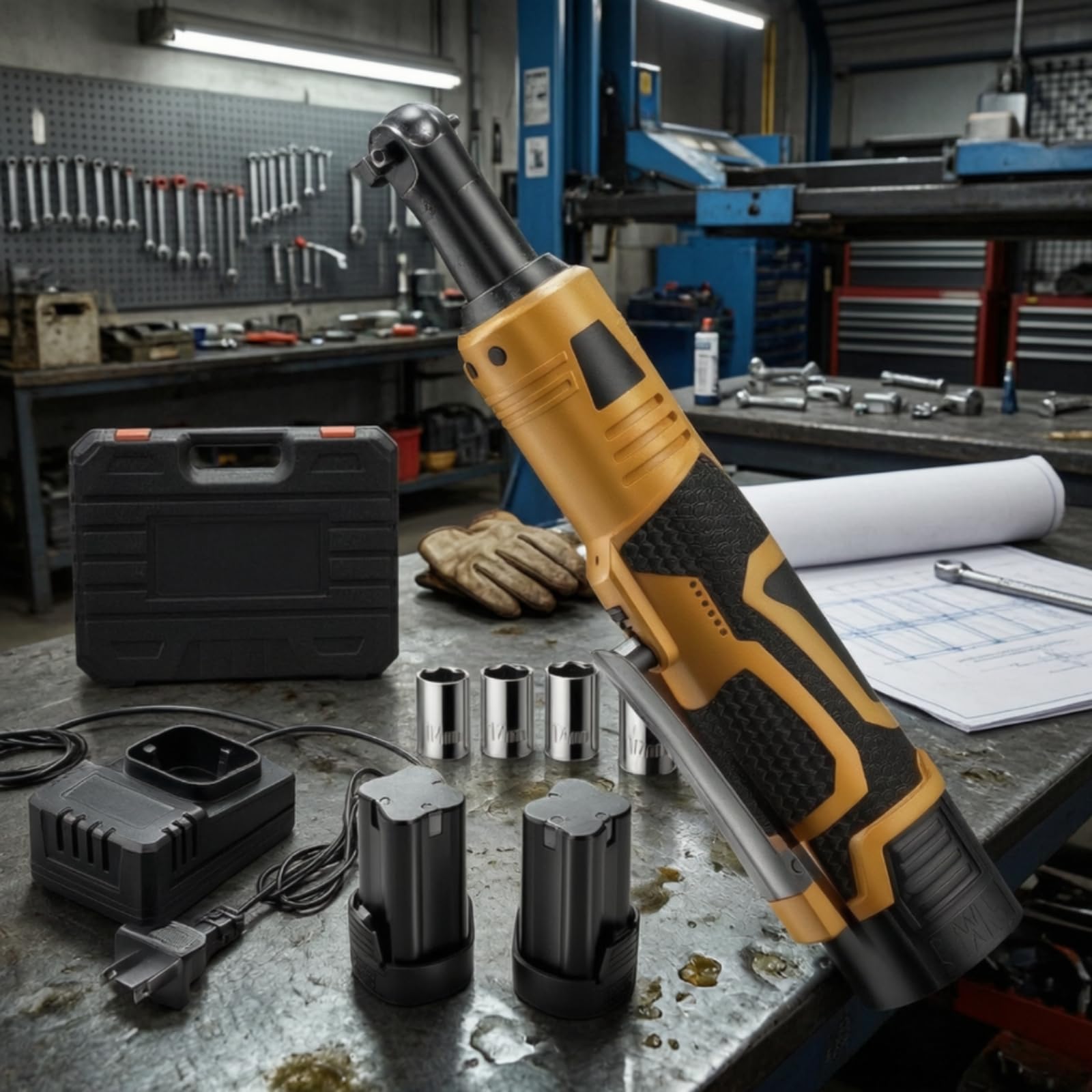 Ronyme Llave Carraca Eléctrica Inalámbrica con Cabezal Articulado para Reparación Automotriz y Proyectos Bricolaje con Estuche Transporte Rígido y Dos Baterías Litio, Amarillo