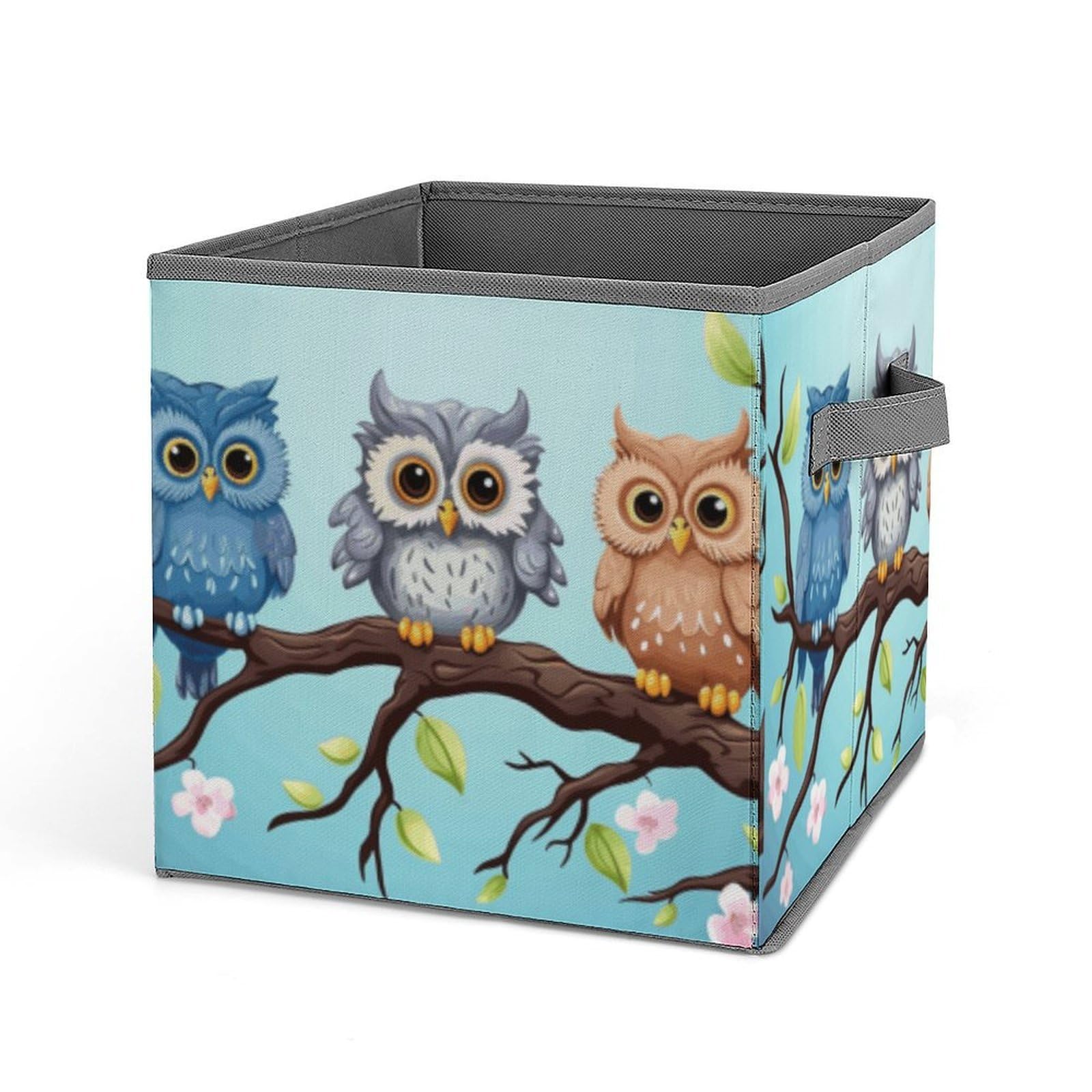 Owls on A Branch Storage Baskets Collapsible, Exquisite Pattern Cube Box, Canvas Fabric Storage Bins with Handles, Clothe Organizer Box for Home Decorative Office Bedroom