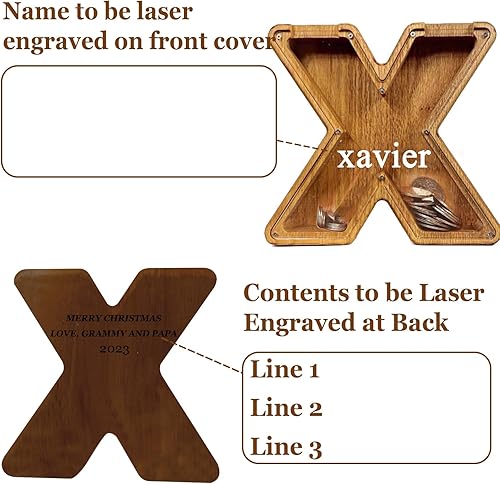Vista 203 de Alcancía grande de madera personalizada para niños, alcancía con nombre personalizado, alcancía (nombre grabado láser) letras del alfabeto