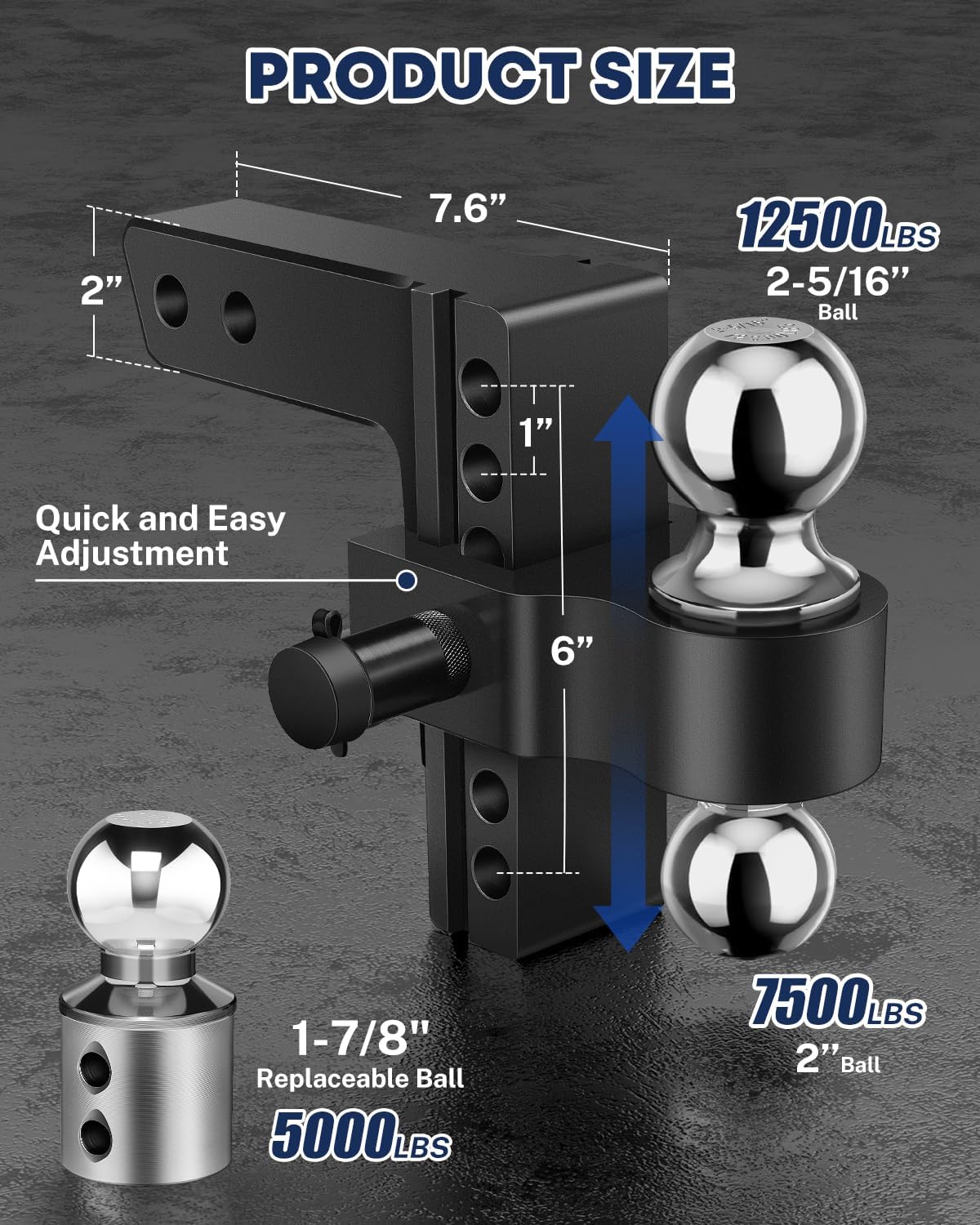 Diagram showing dimensions and towing capacities of the Kohree Adjustable Trailer Hitch